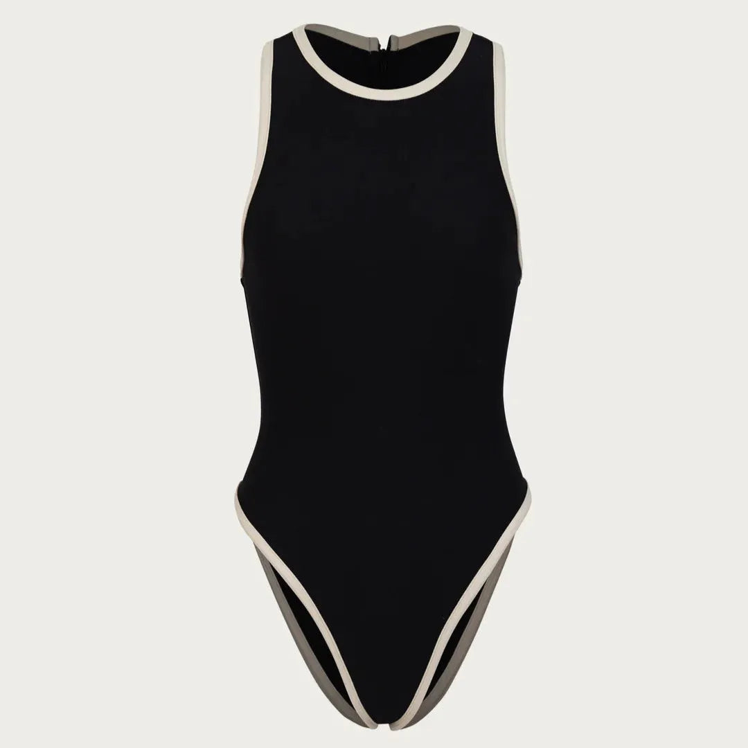 black sleeveless bodysuit with contrast trim
