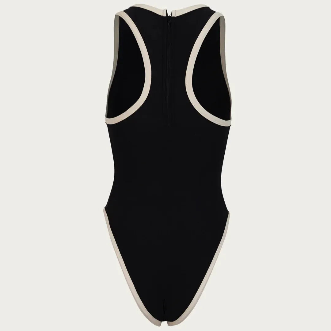 black and beige trim sleeveless bodysuit, casual style