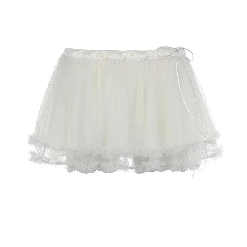 white tulle mini skirt with lace trim