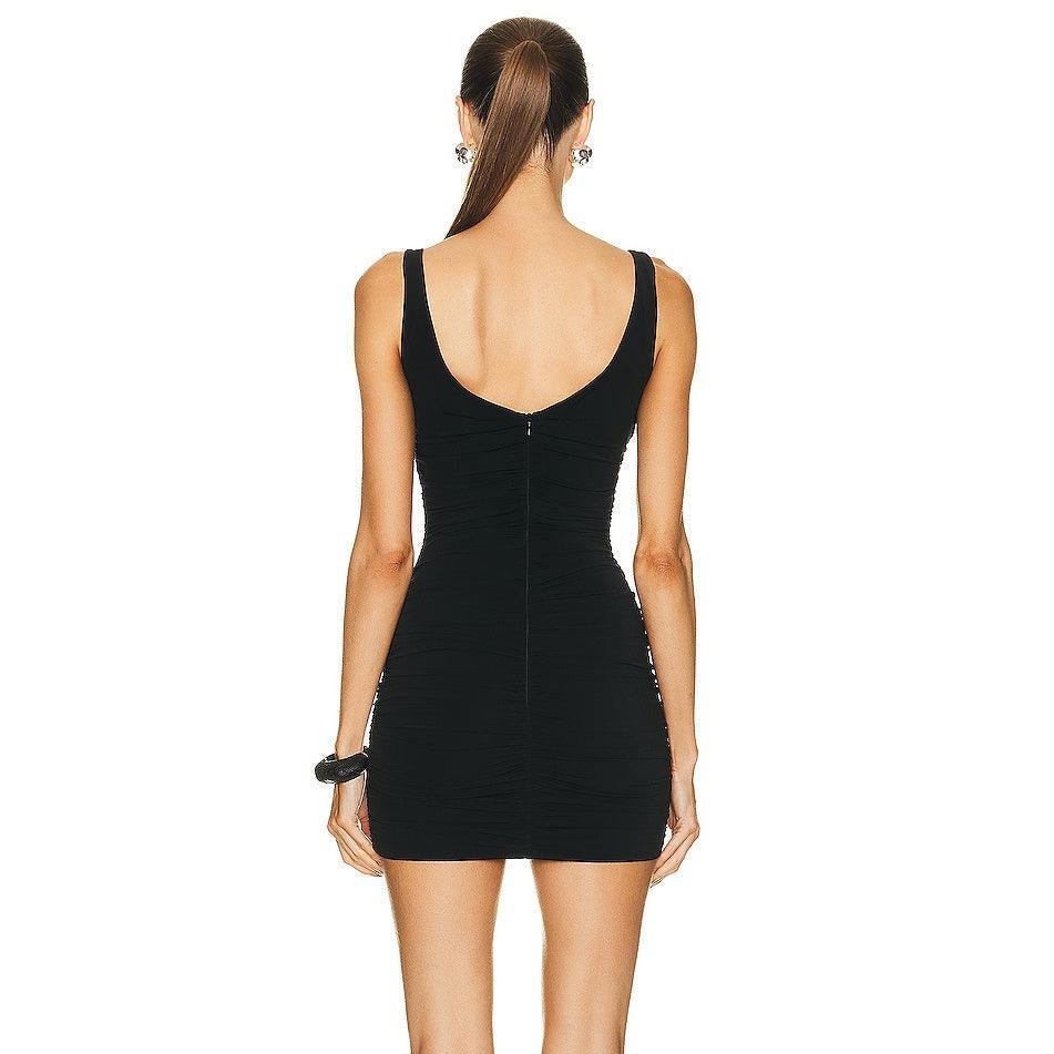 Black ruched mini dress for a night-out style.