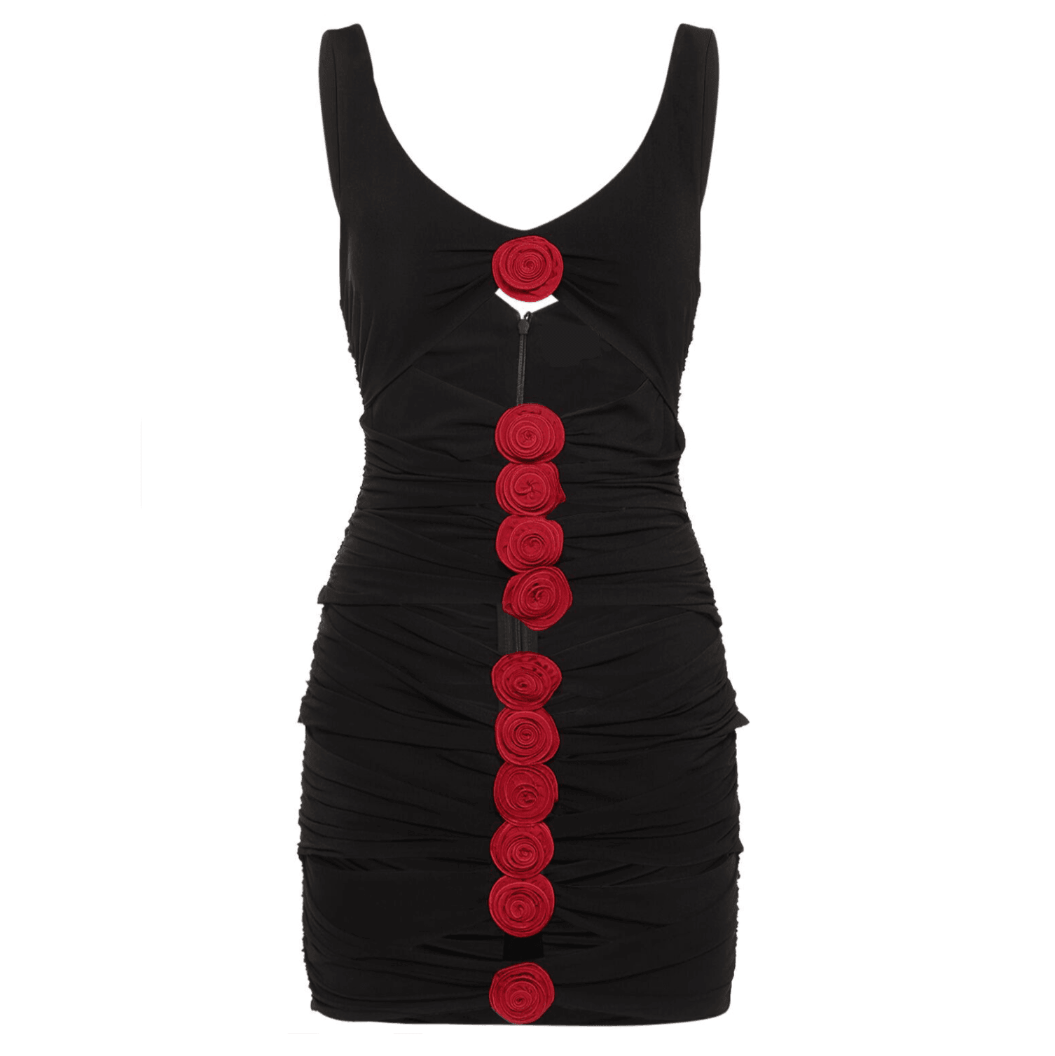 Black ruched mini dress with red floral detailing, perfect for party wear.