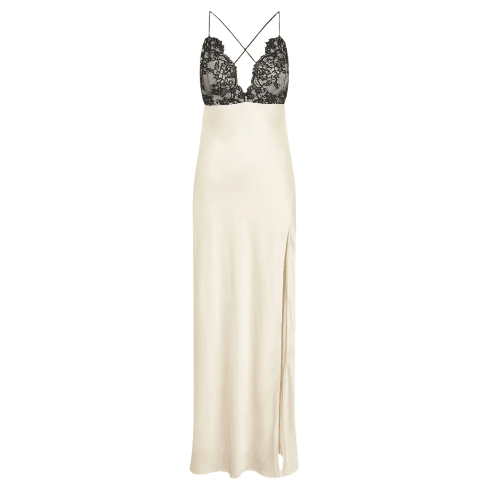 Lace and satin maxi dress with high slit, evening wear
