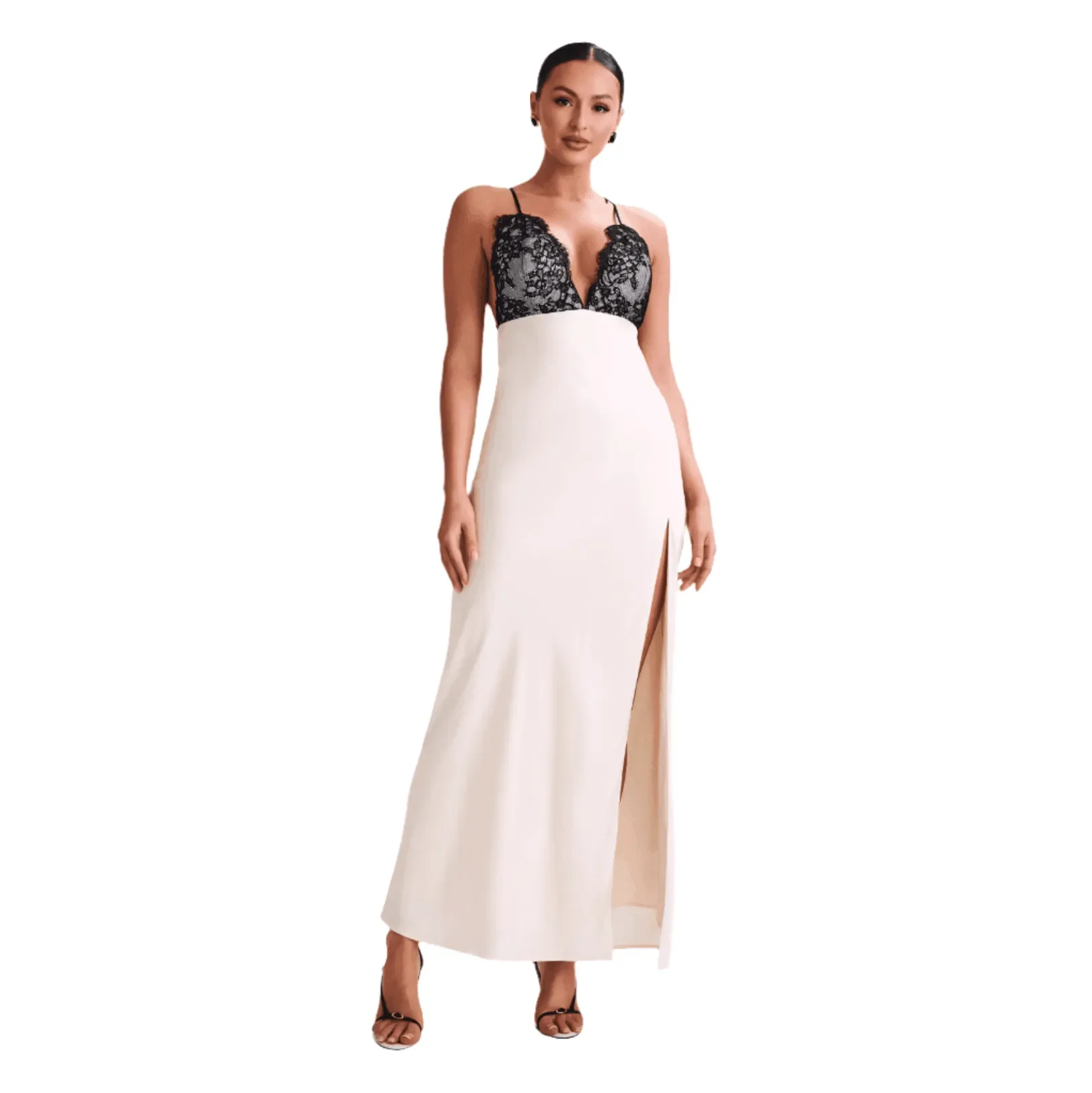 lace and satin maxi dress with thigh-high slit, evening wear