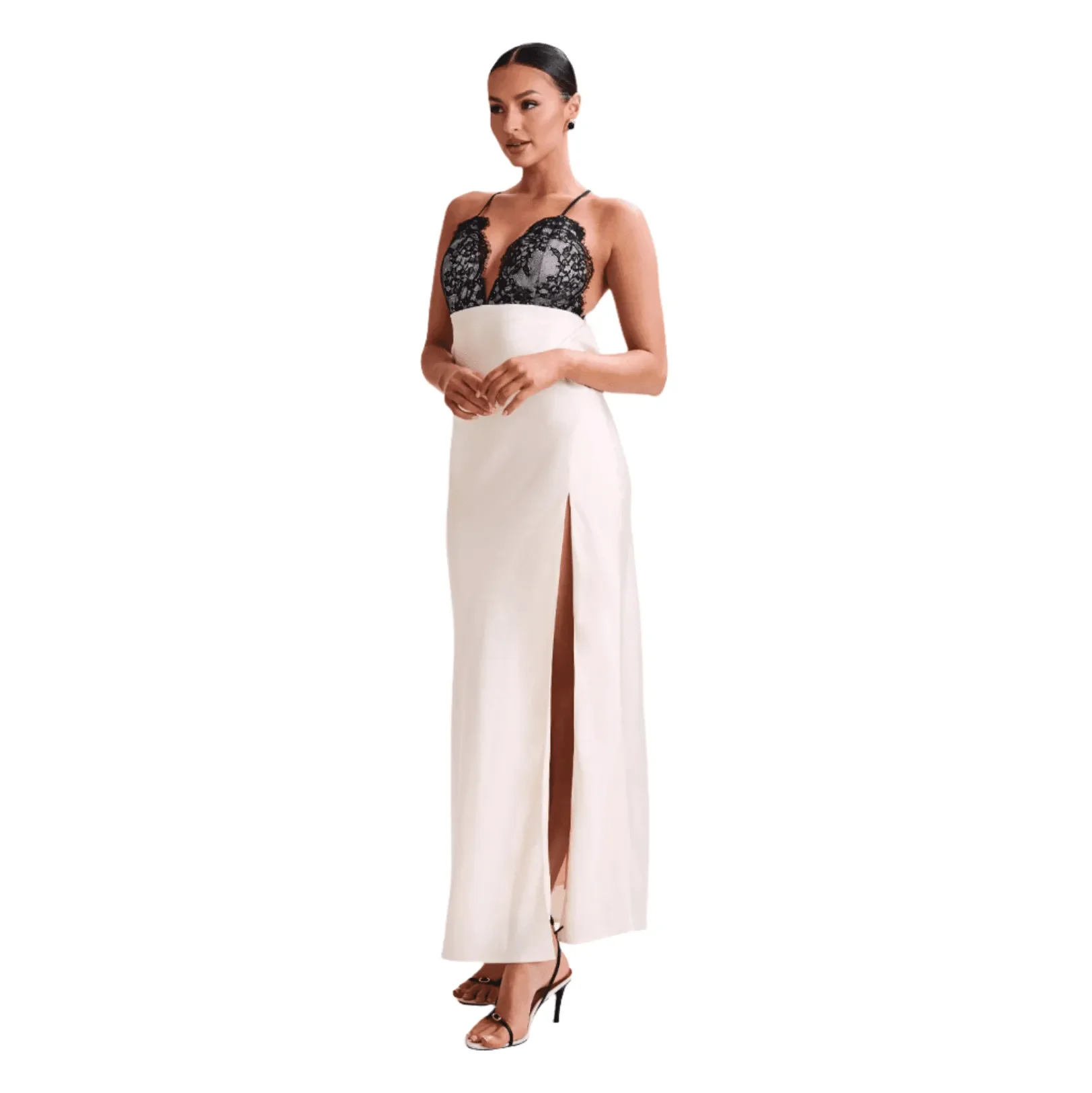 Lace and satin maxi dress with side slit, evening wear