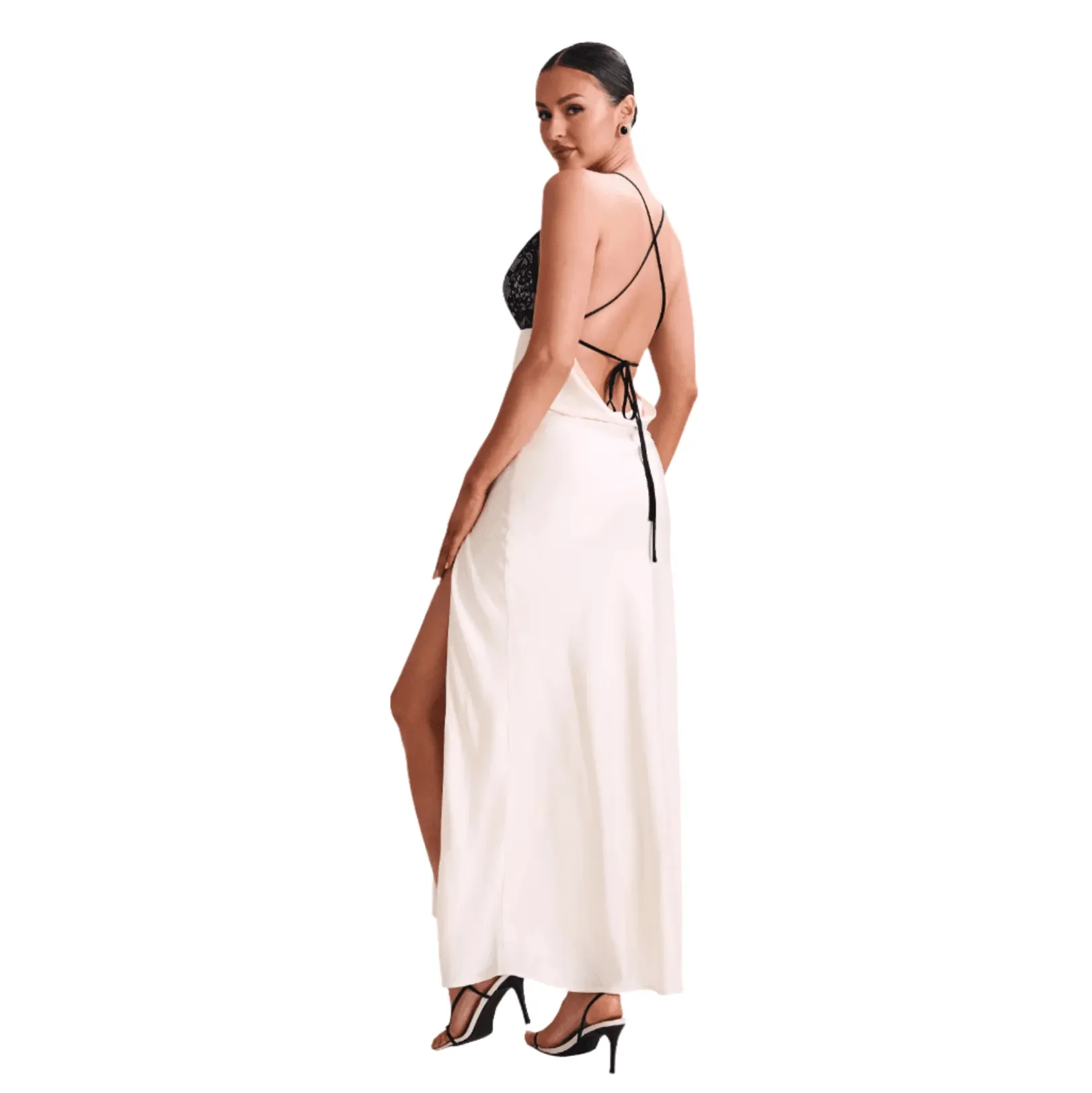 backless maxi dress with high slit, evening wear