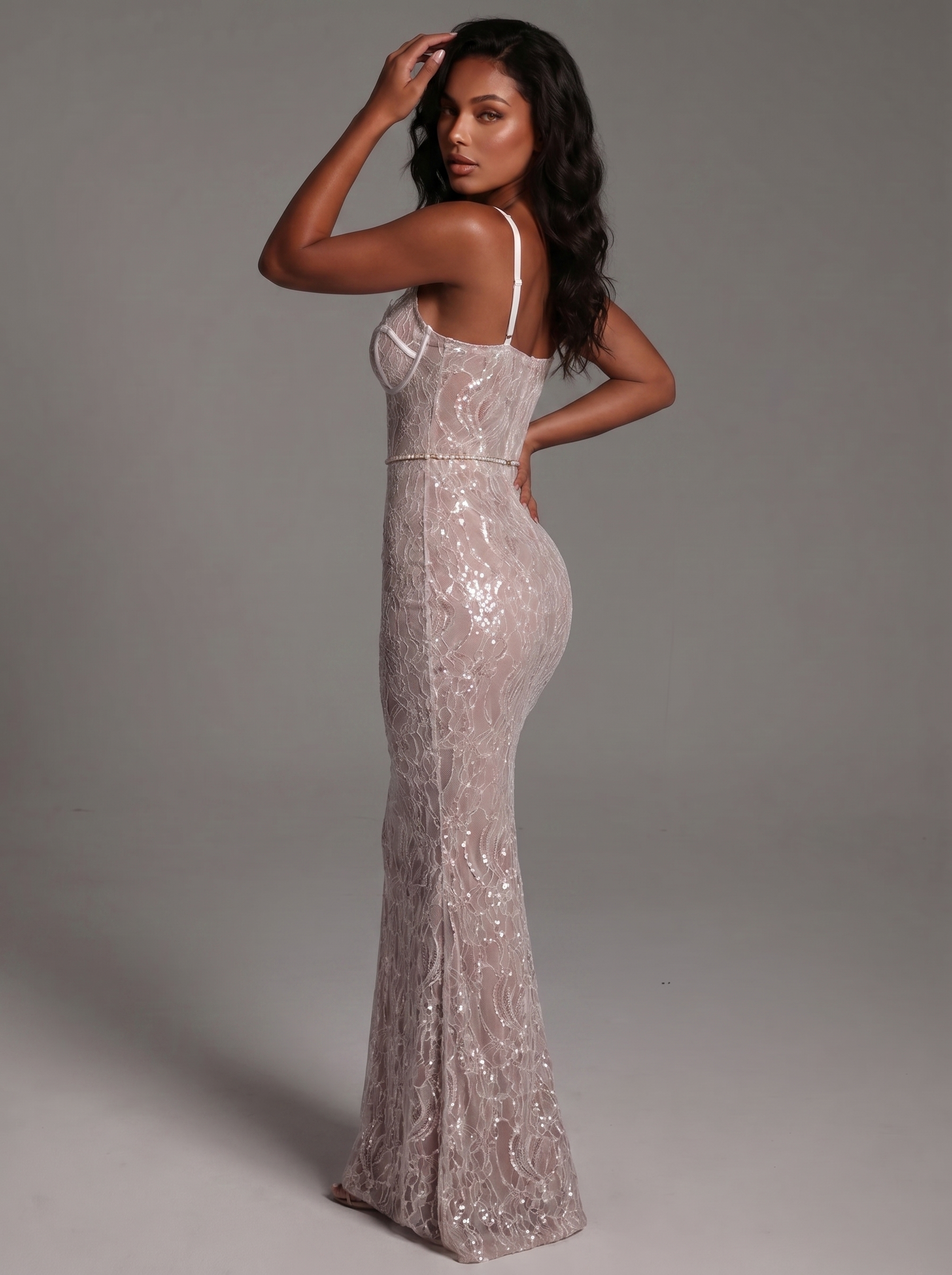 Lace maxi dress with floral embroidery, evening look