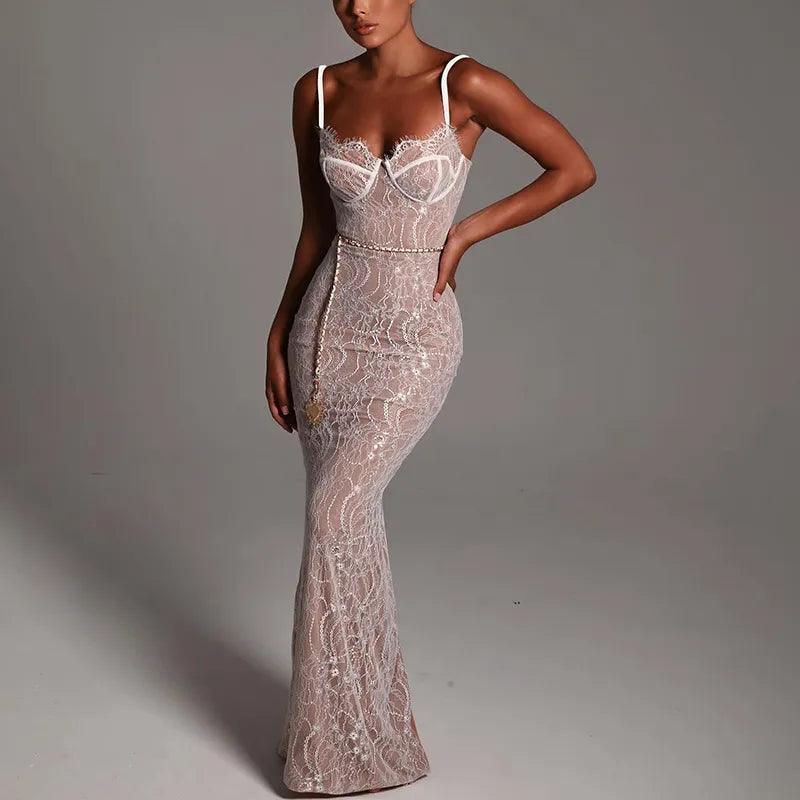 Lovely Lace Backless White Maxi Dress with Chain Belt Lovely Lace Backless White Maxi Dress with Chain Belt