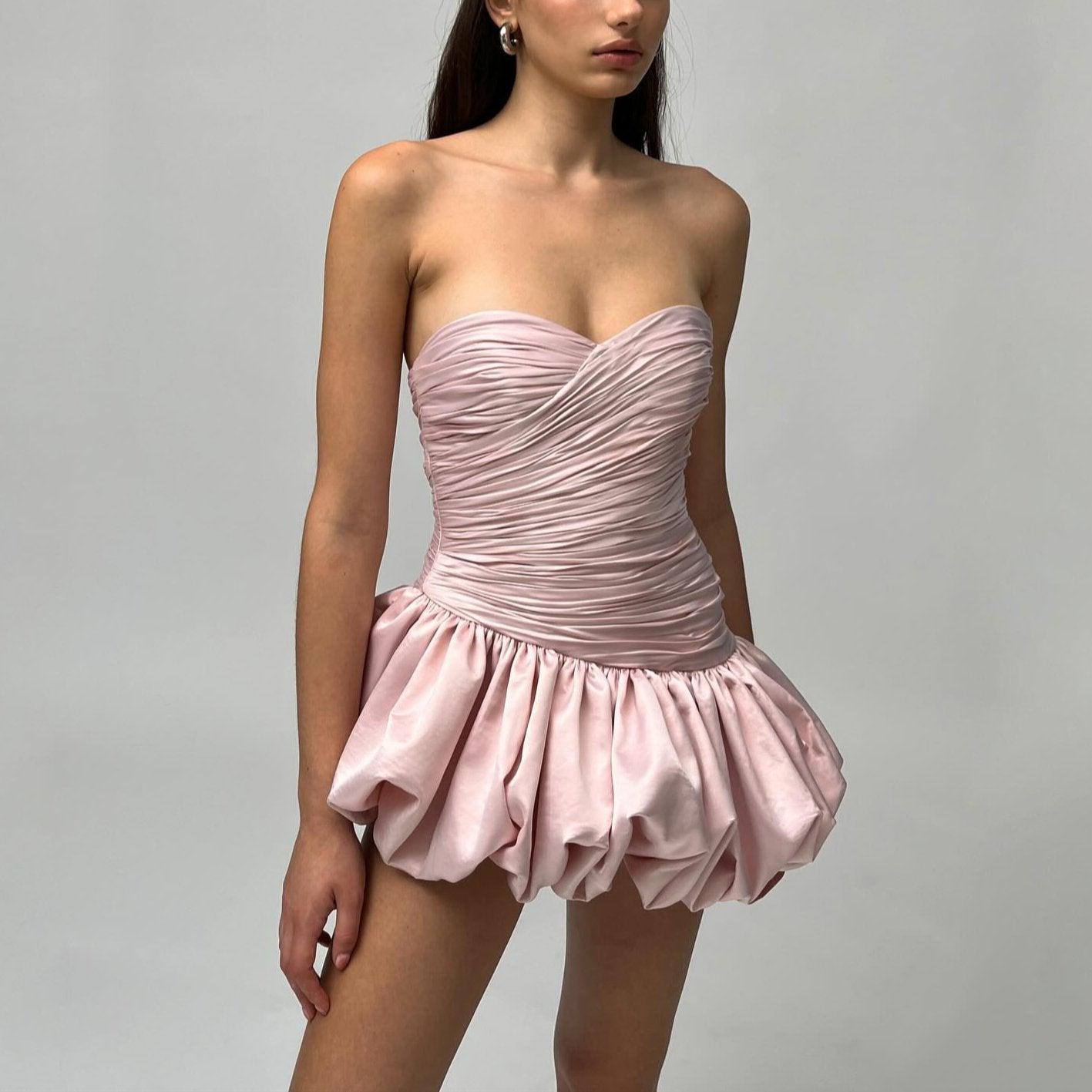strapless ruched mini dress with bubble hem, party outfit