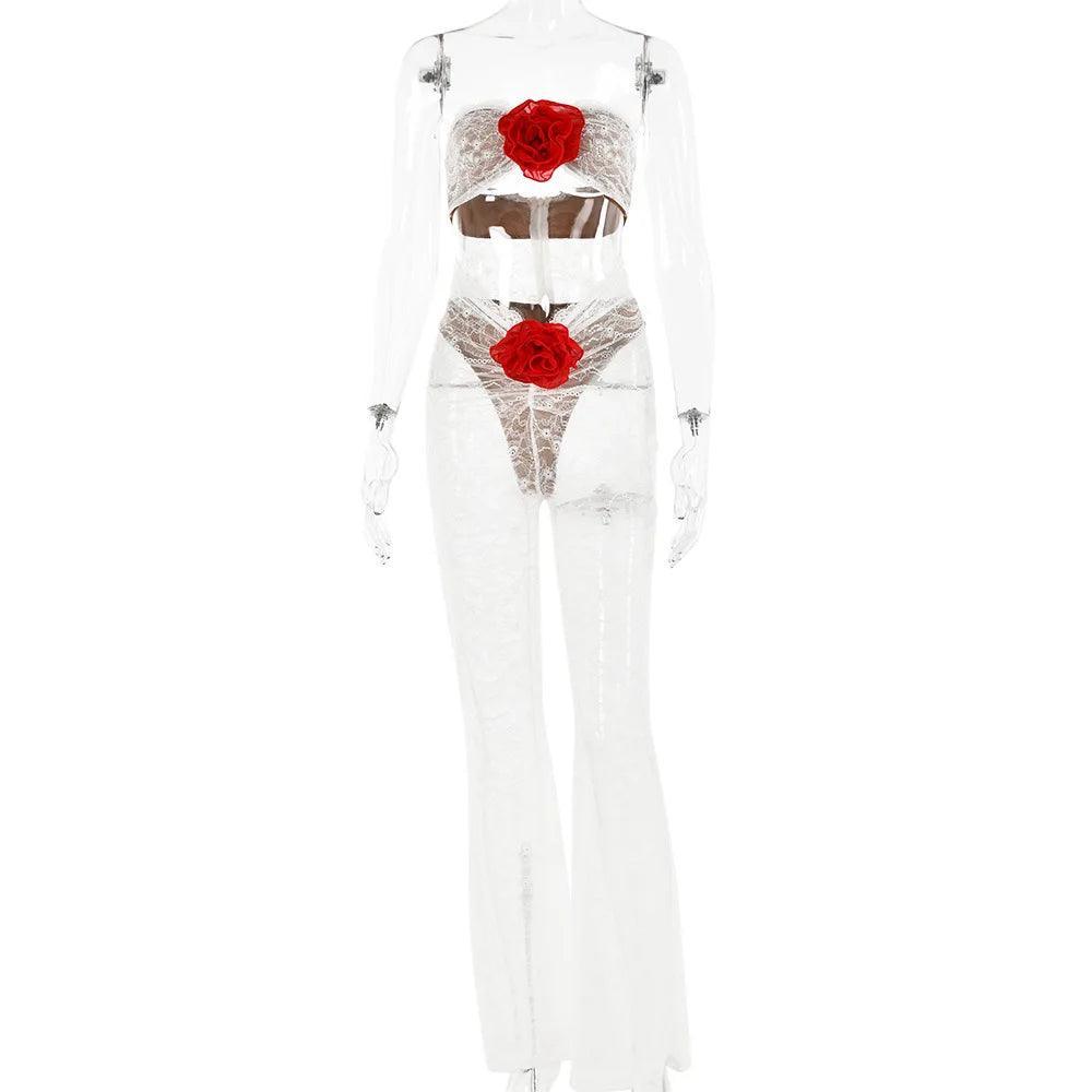 Lace mesh jumpsuit with red rose embellishments, party outfit