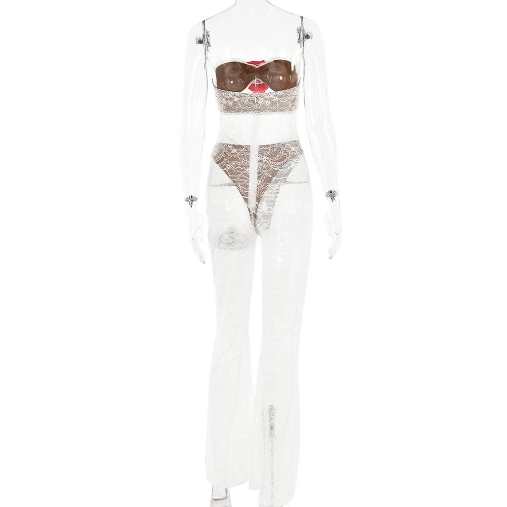 lace co-ord with strapless top and high-waisted bottoms, night-out style