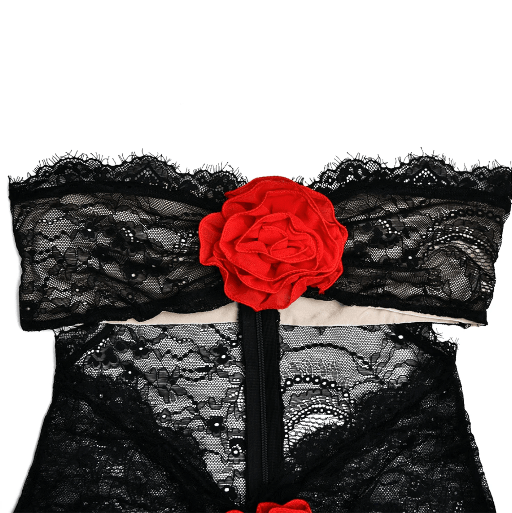 strapless lace dress with red floral detail, evening look