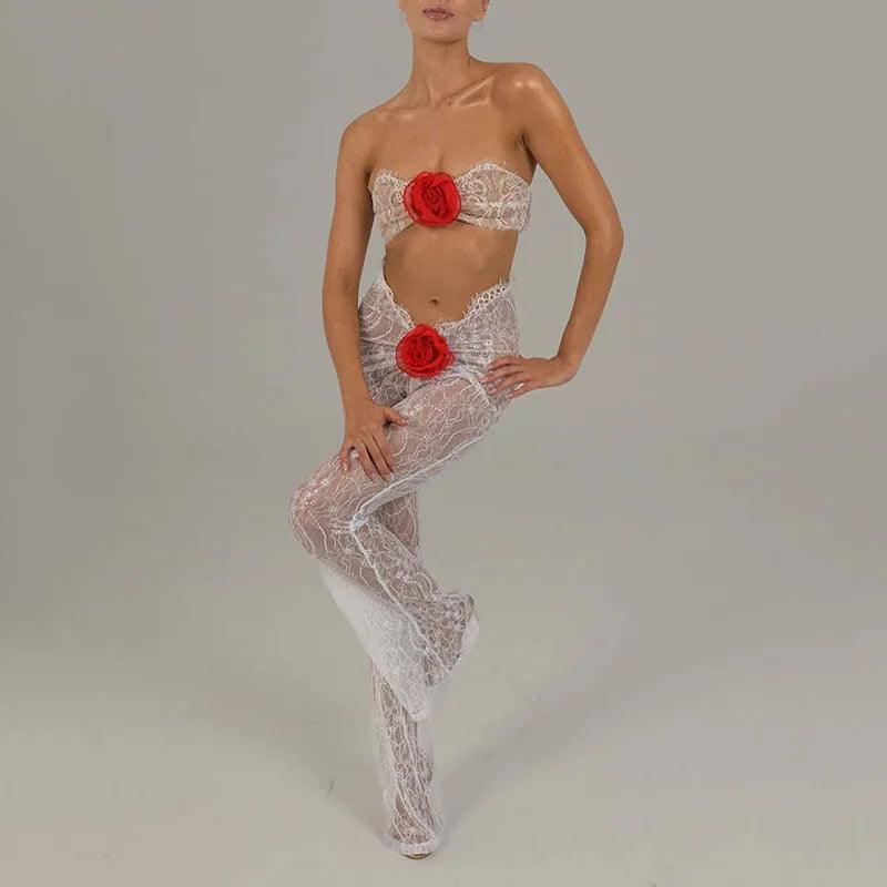 lace mesh two-piece set with red floral accents, party outfit