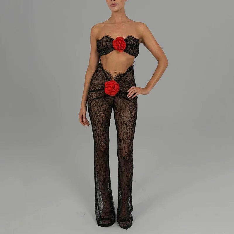 Lace two-piece set with floral accents, night-out style