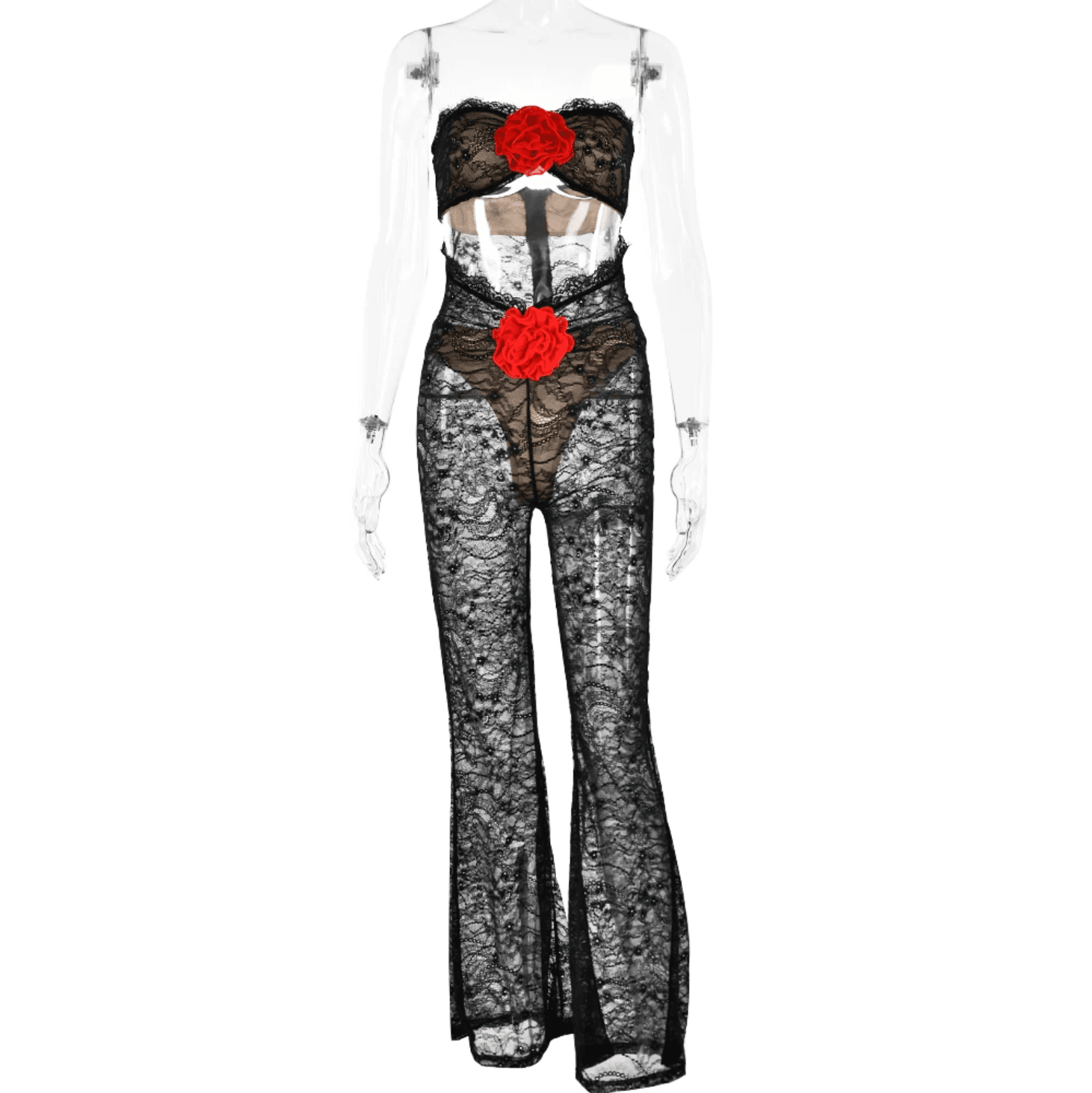 lace strapless jumpsuit with floral accents, night-out style
