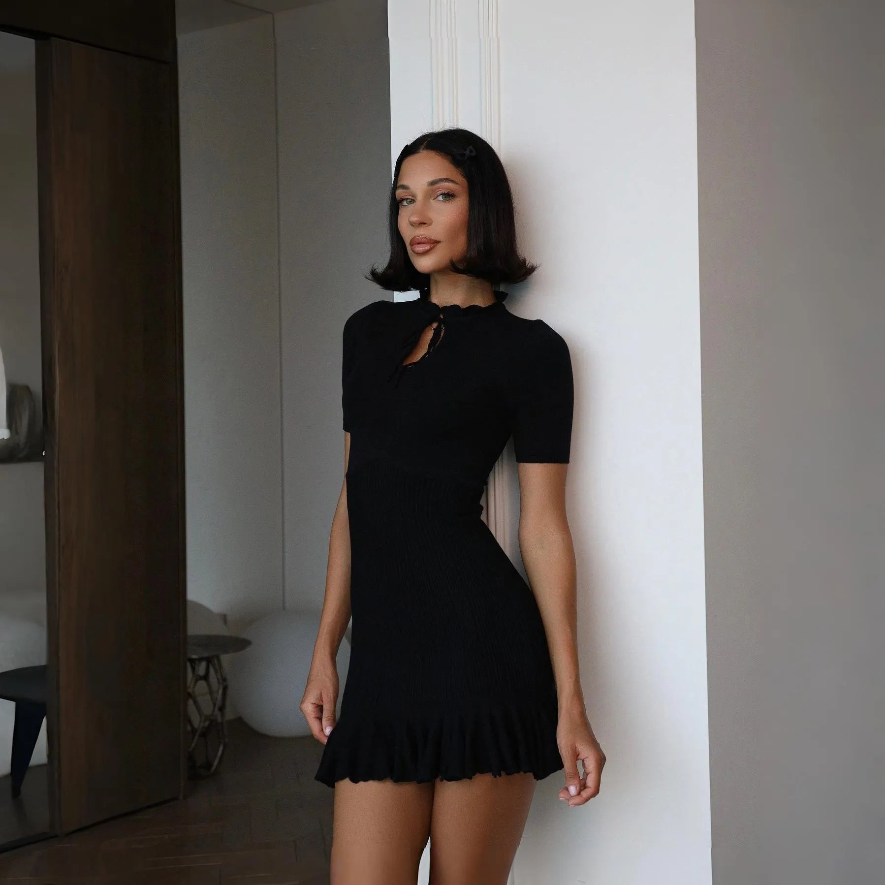 Lucia Ruffled Knit Mini Dress - Black / S - Mermaid Way