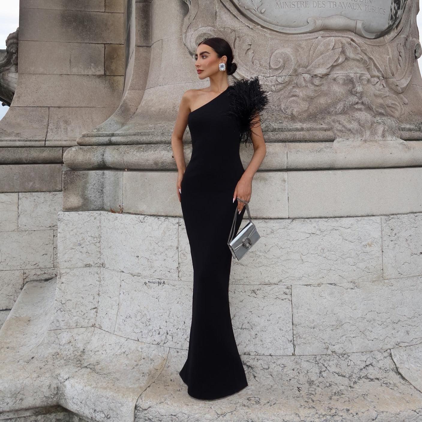 Mademoiselle Elegant One Shoulder Feather Maxi Dress - Black / XS - Mermaid Way