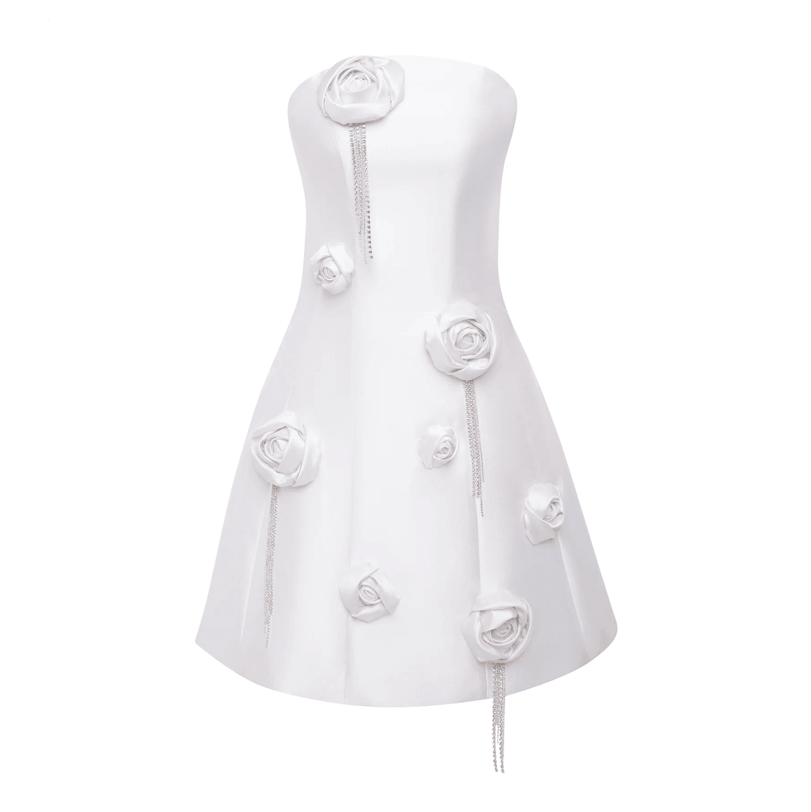 strapless A-line dress with floral embellishments and crystal tassels, elegant evening look