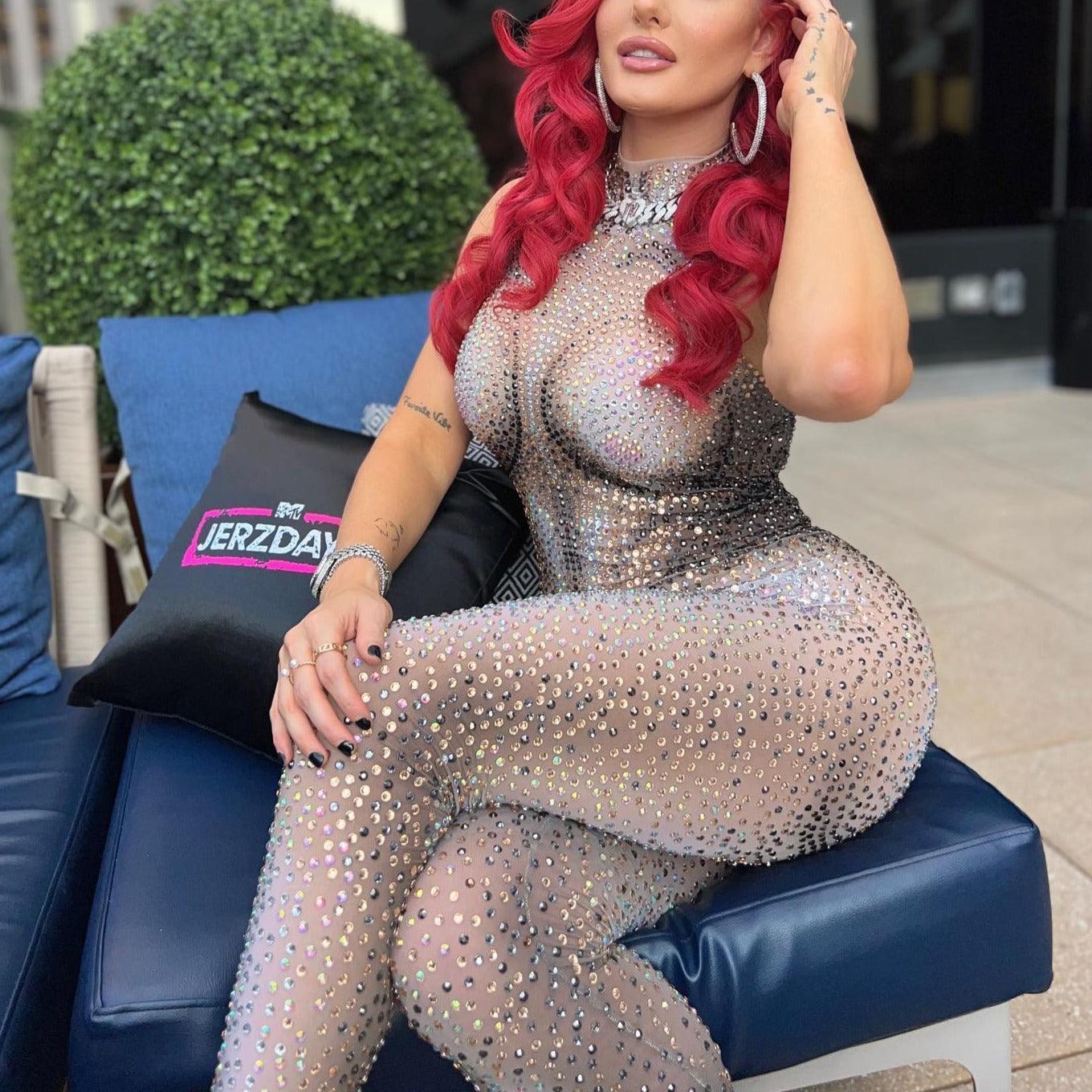 rhinestone-embellished mesh jumpsuit, party outfit