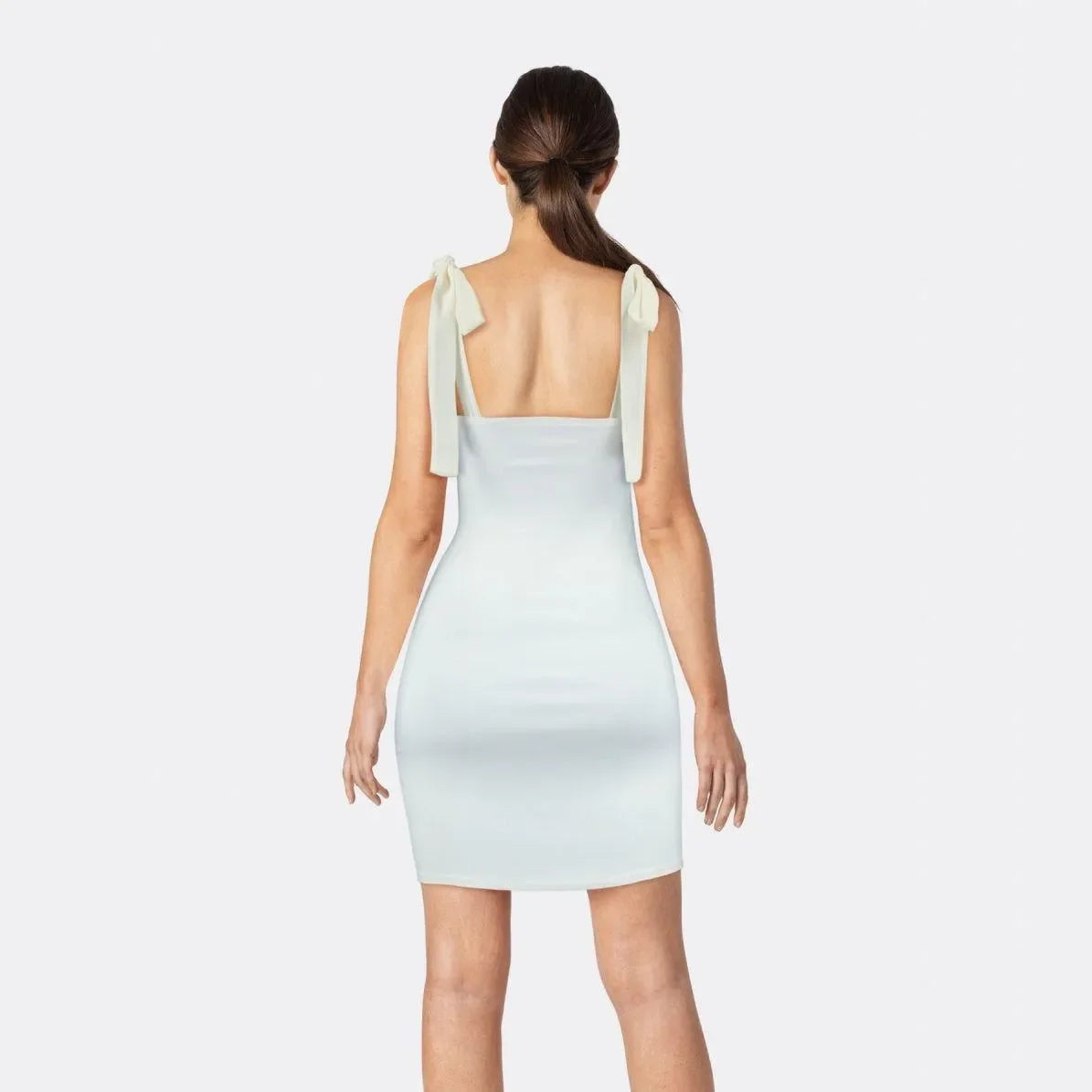 backless mini dress with tie straps, evening look