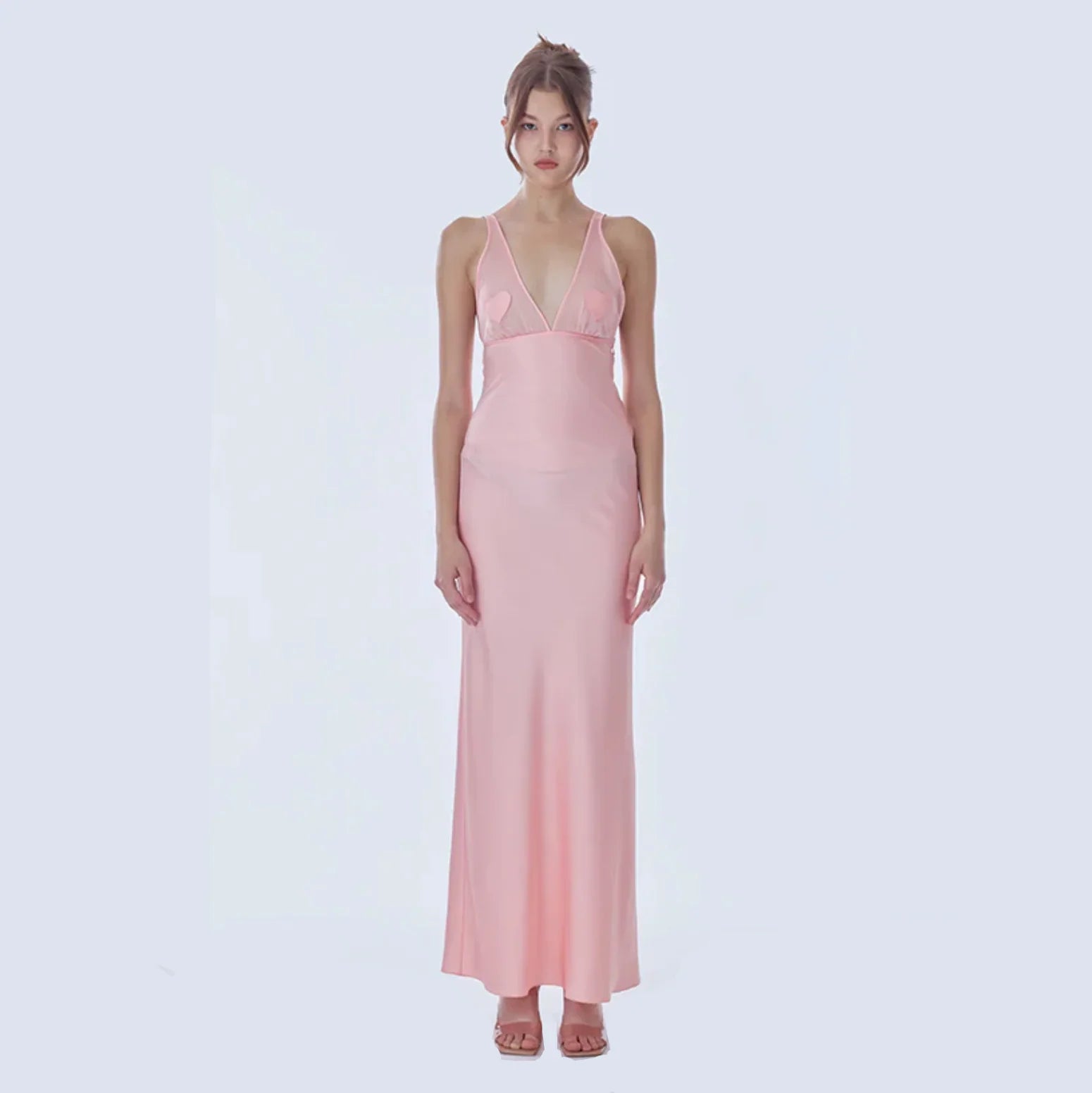 blush silk maxi dress Malika Pink Satin Mesh Maxi Dress