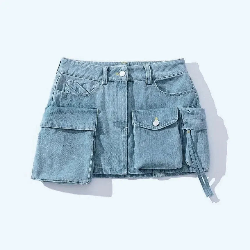 denim mini skirt with utility pockets