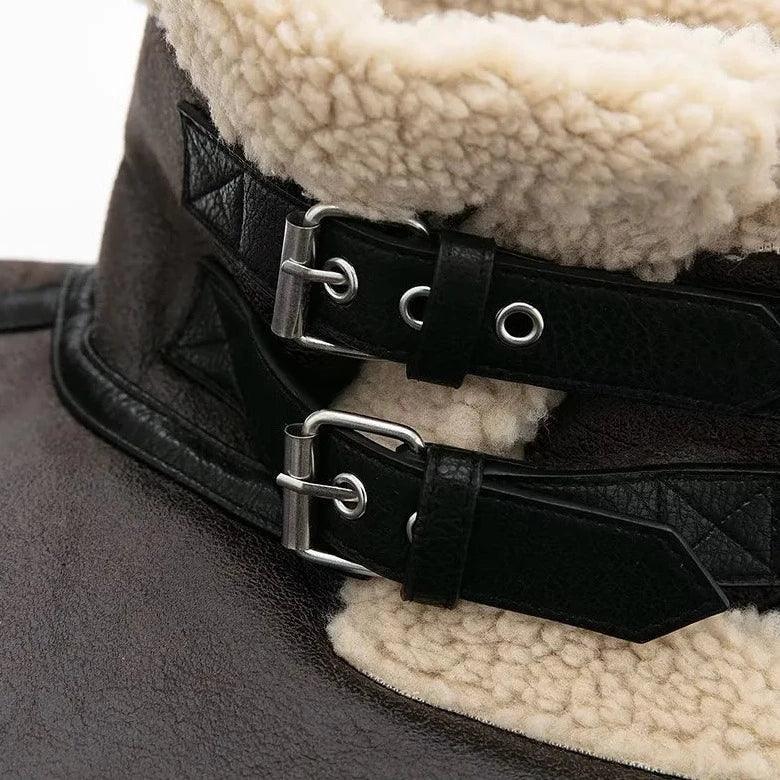 shearling-lined leather ankle boots with buckle detail