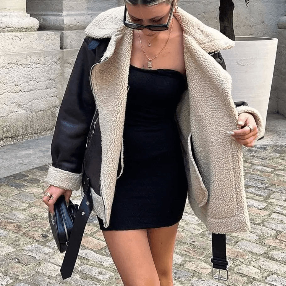 black mini dress with shearling jacket, casual street style
