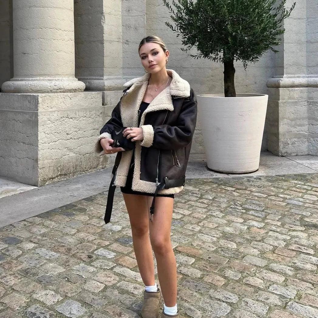 shearling-lined aviator jacket with mini dress, casual look