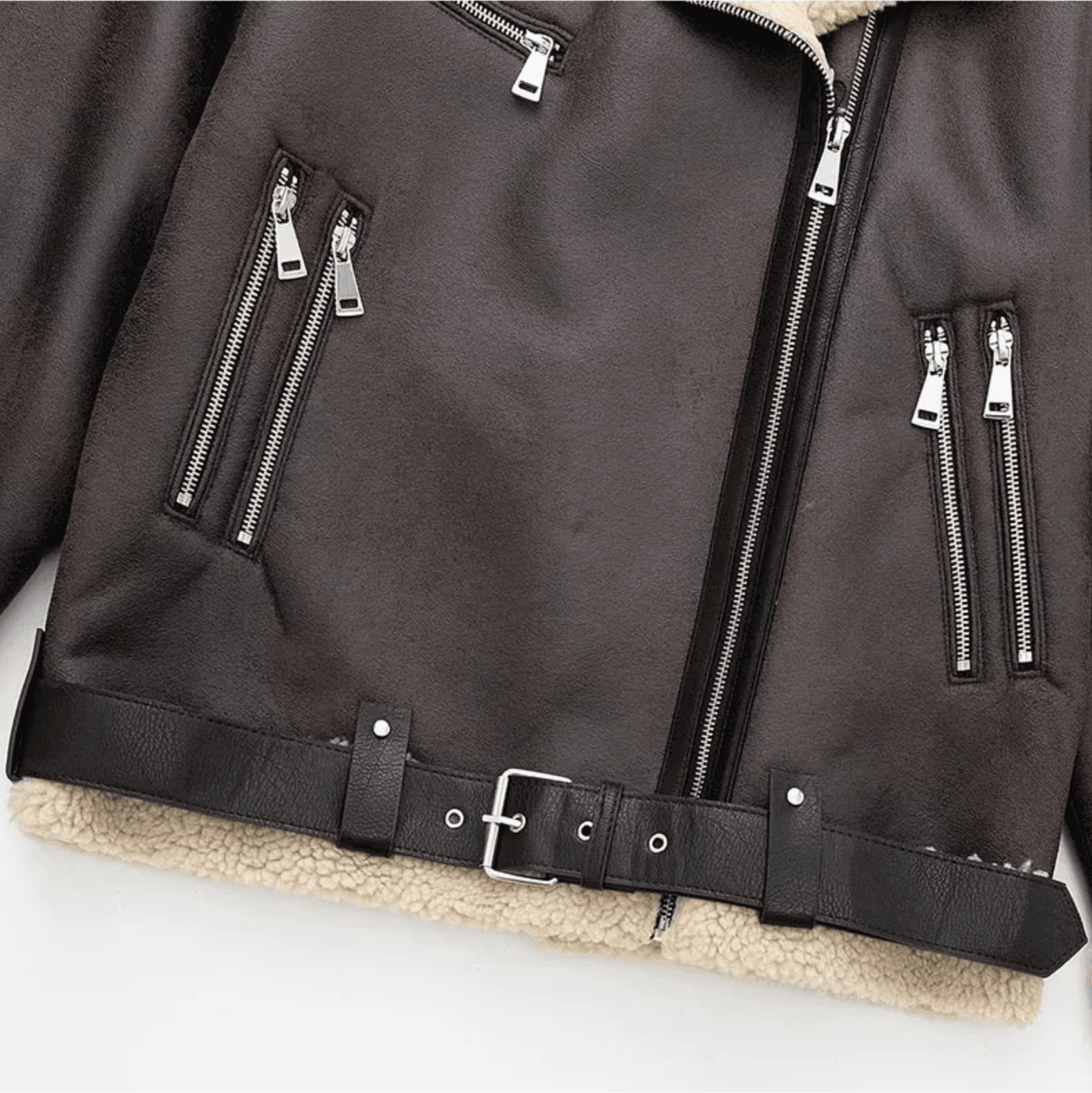 faux shearling-lined leather jacket with multiple zippers, casual outerwear