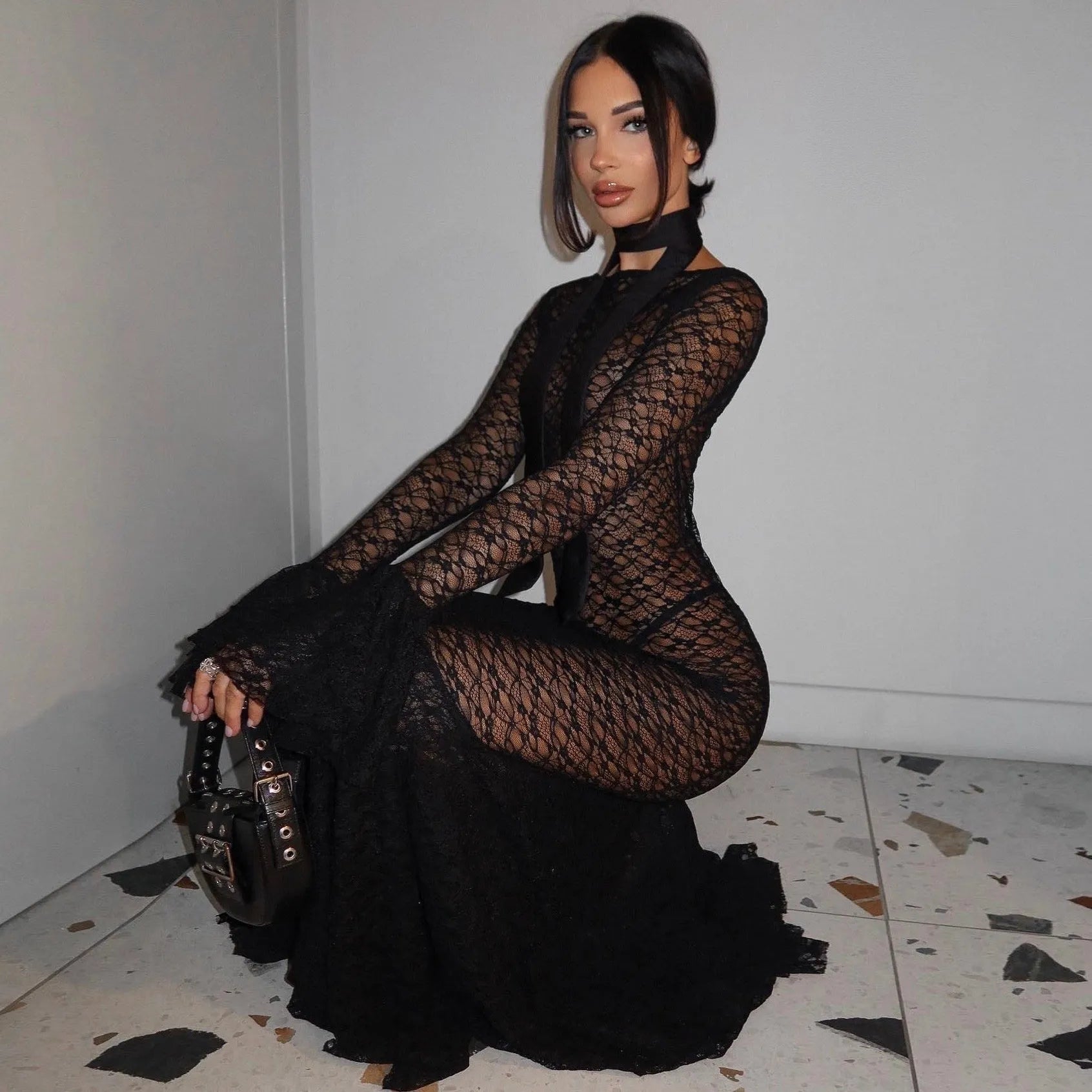 black lace long-sleeve maxi dress, evening wear