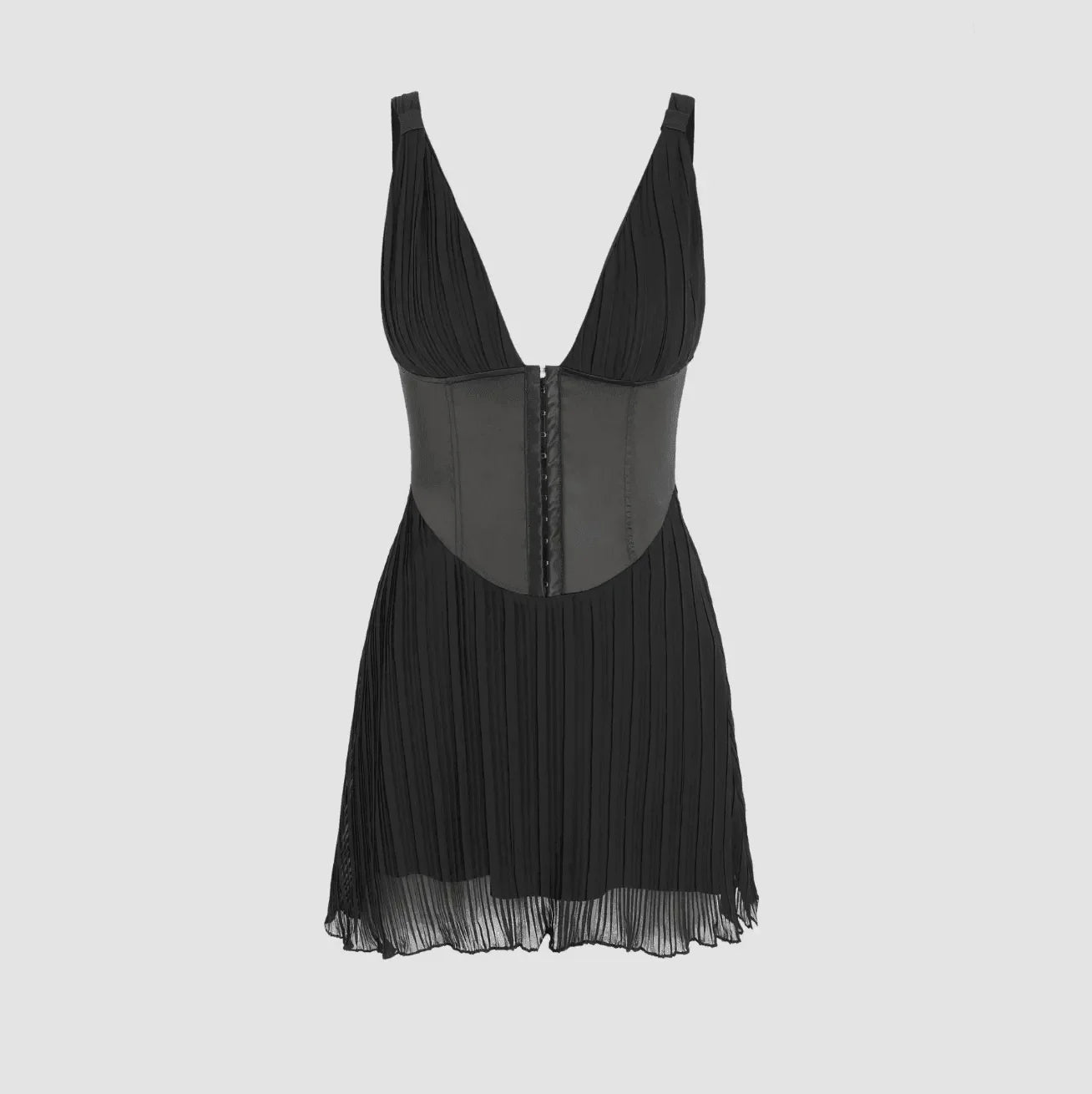 black pleated mini dress with deep v-neck and mesh corset bodice, evening look