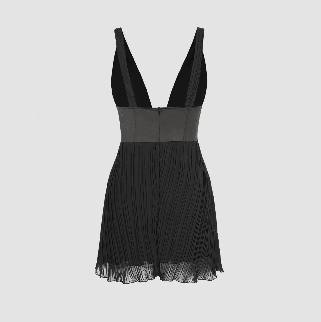 pleated mini dress with deep V-neck, evening wear