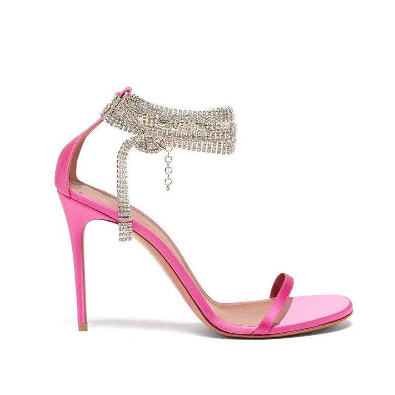 Gossip Girls Hot Pink Diamond Chain Ankle Wrap Sandals