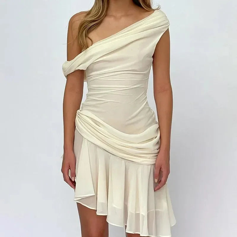 One-shoulder ruched evening dress in white.