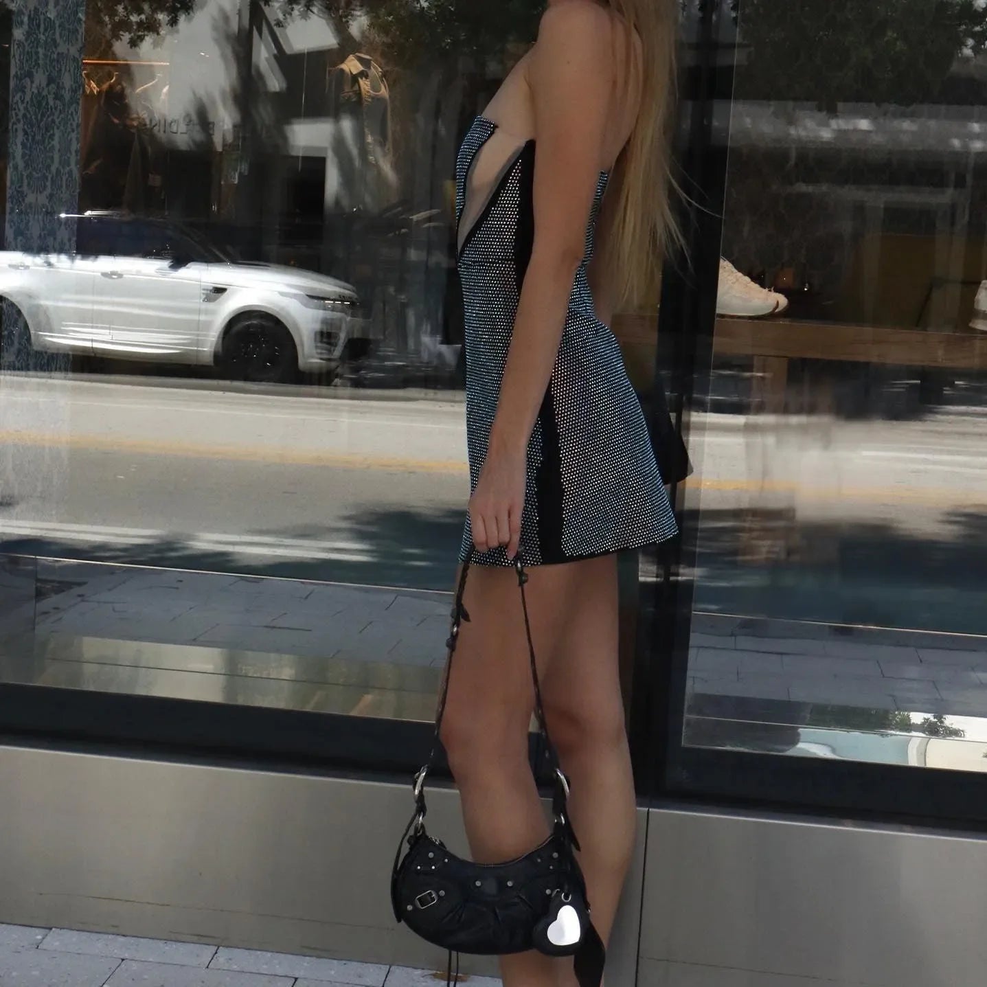 mesh mini dress with deep neckline, party outfit