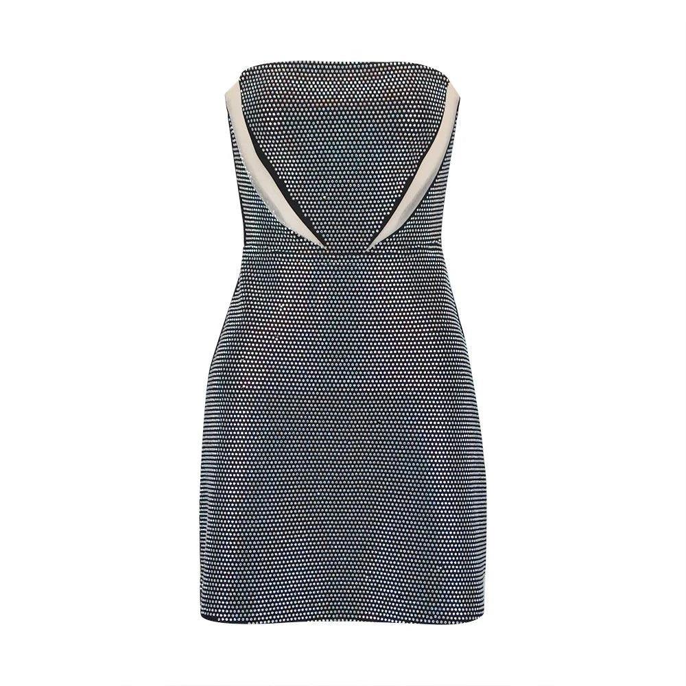 strapless mini dress with geometric pattern, party outfit