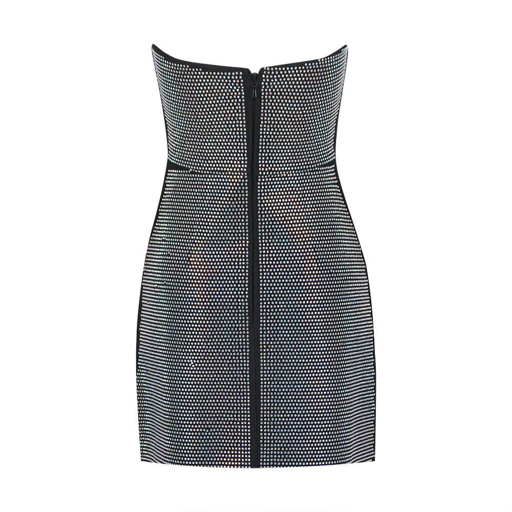 strapless mini dress with rhinestone embellishments, party outfit
