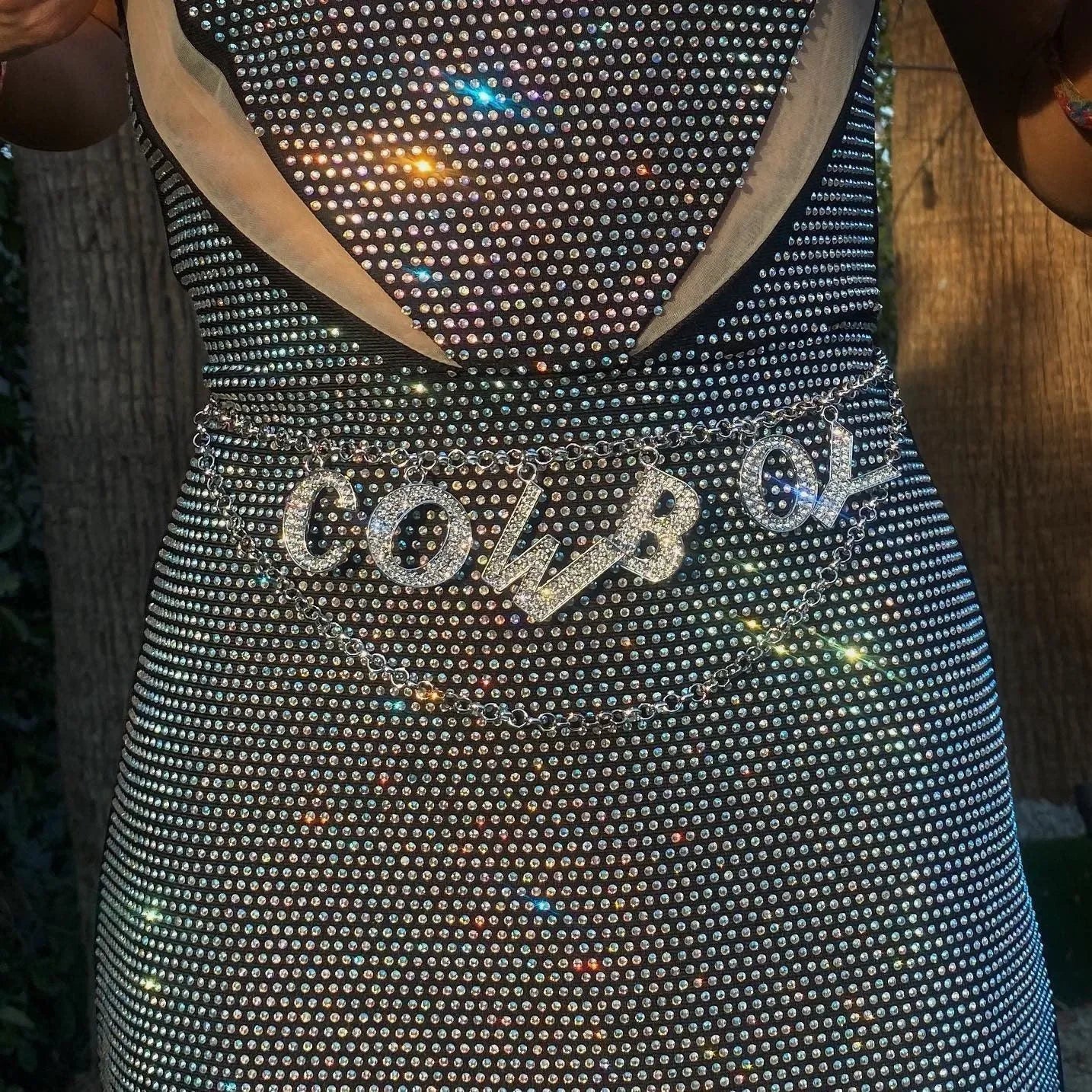 rhinestone mini dress with cutout detail and statement belt, party look