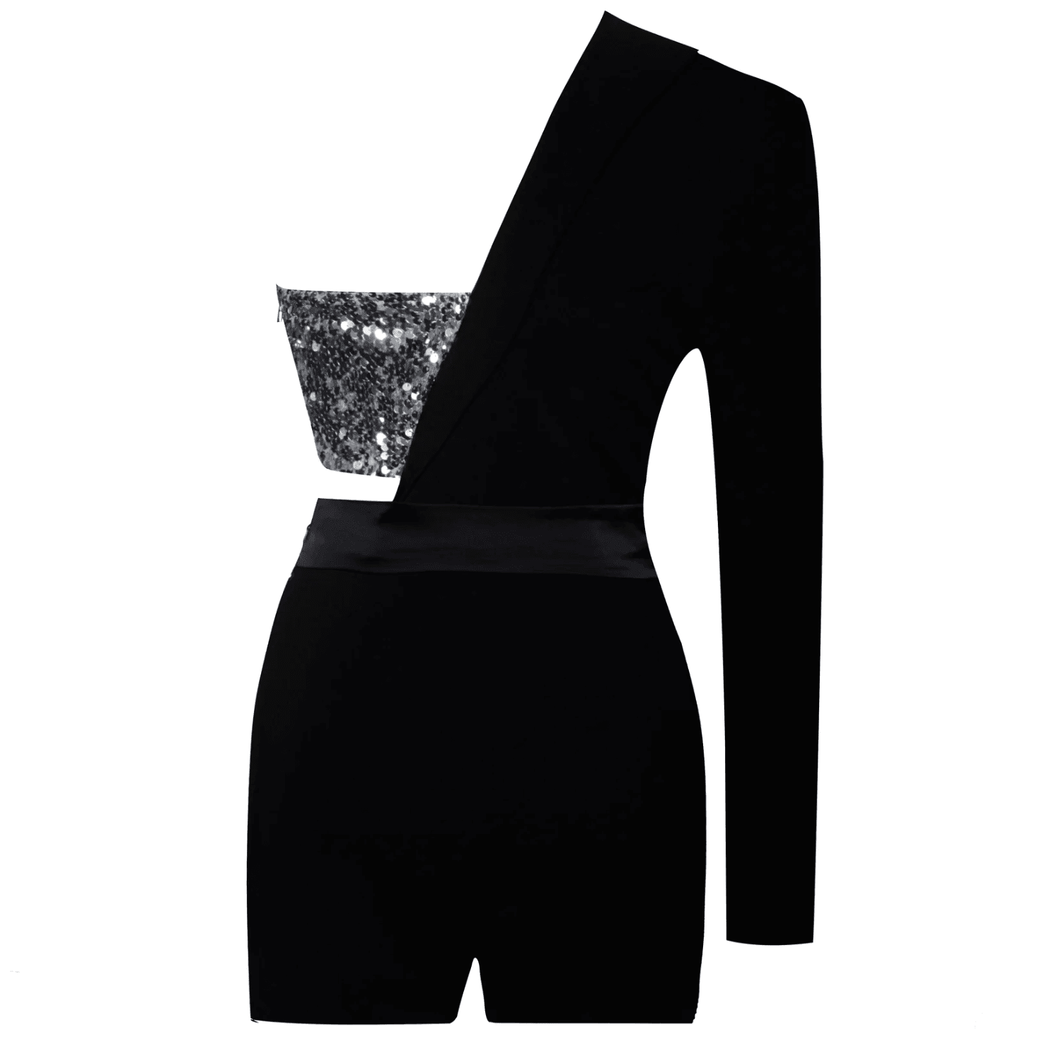 One-shoulder black mini dress with sequin bodice, perfect for a night out.