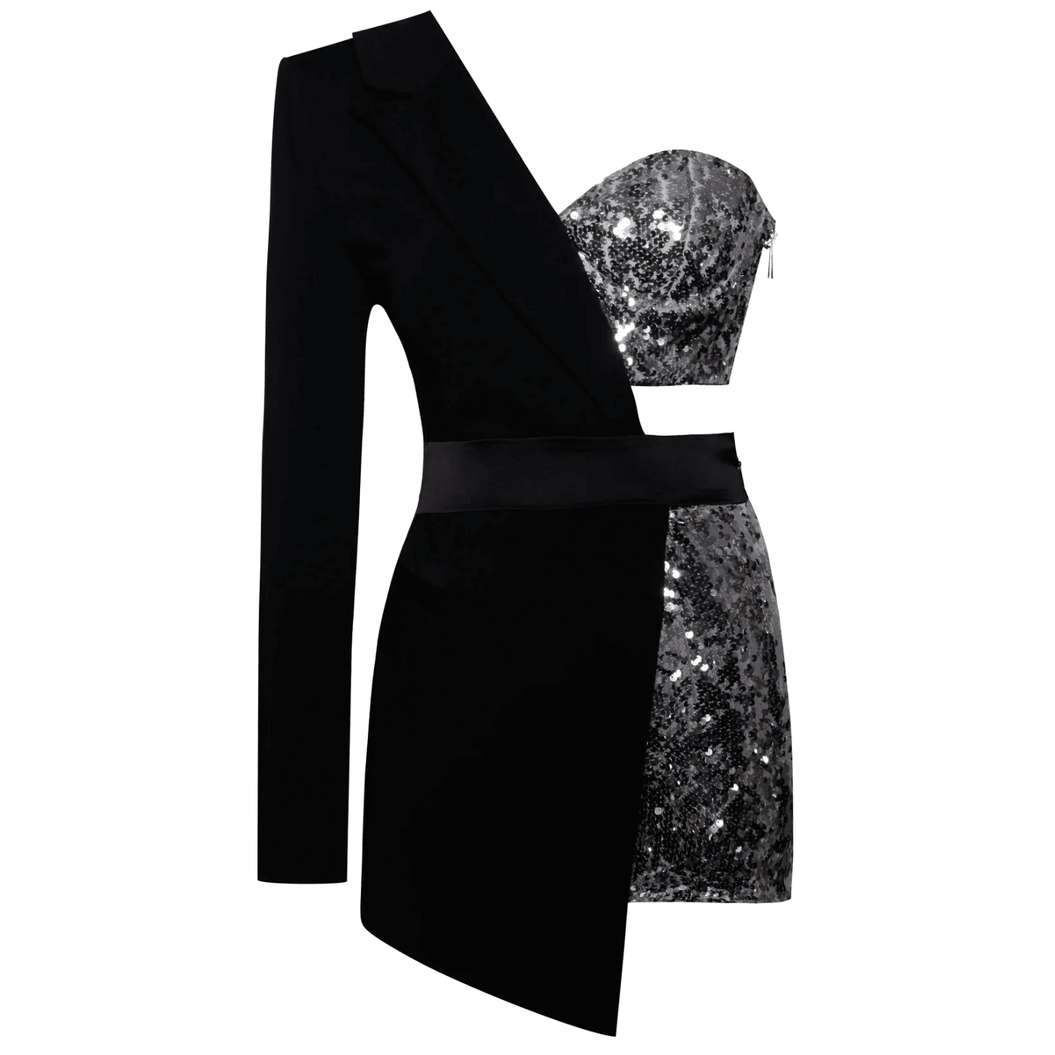 sequin one-shoulder mini dress with blazer detail, party outfit