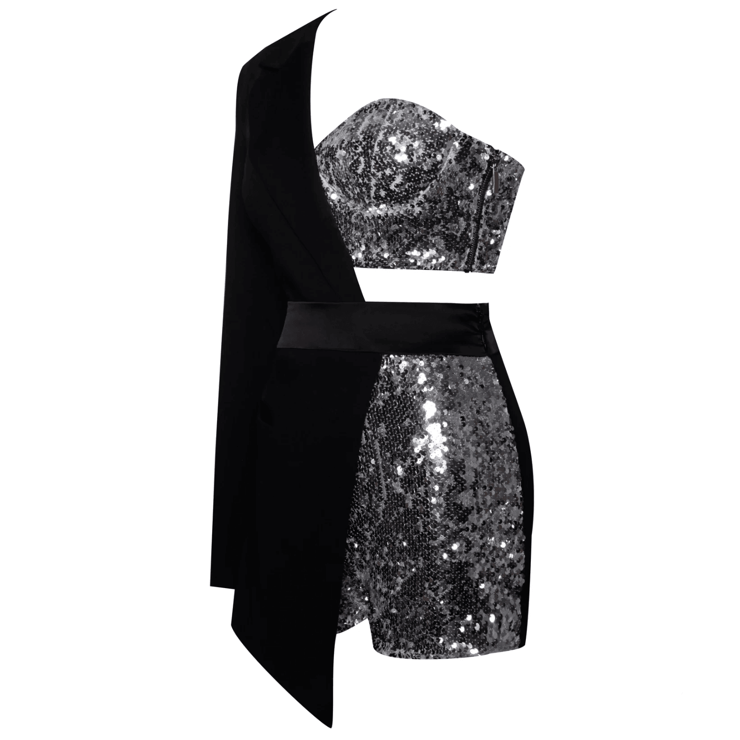 Sequin co-ord with one-shoulder blazer for party outfit