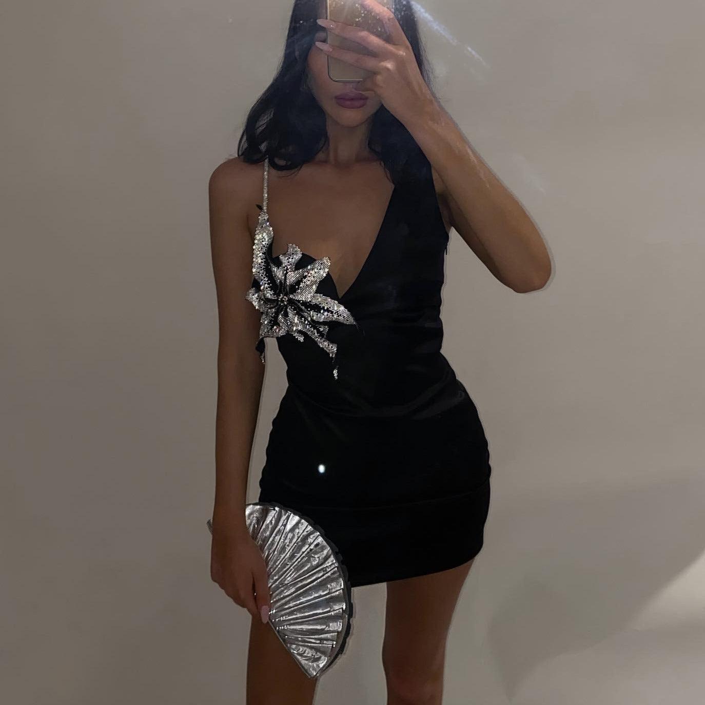 Miss Me One-Shoulder Crystal Mini Dress - Black / XS - Mermaid Way