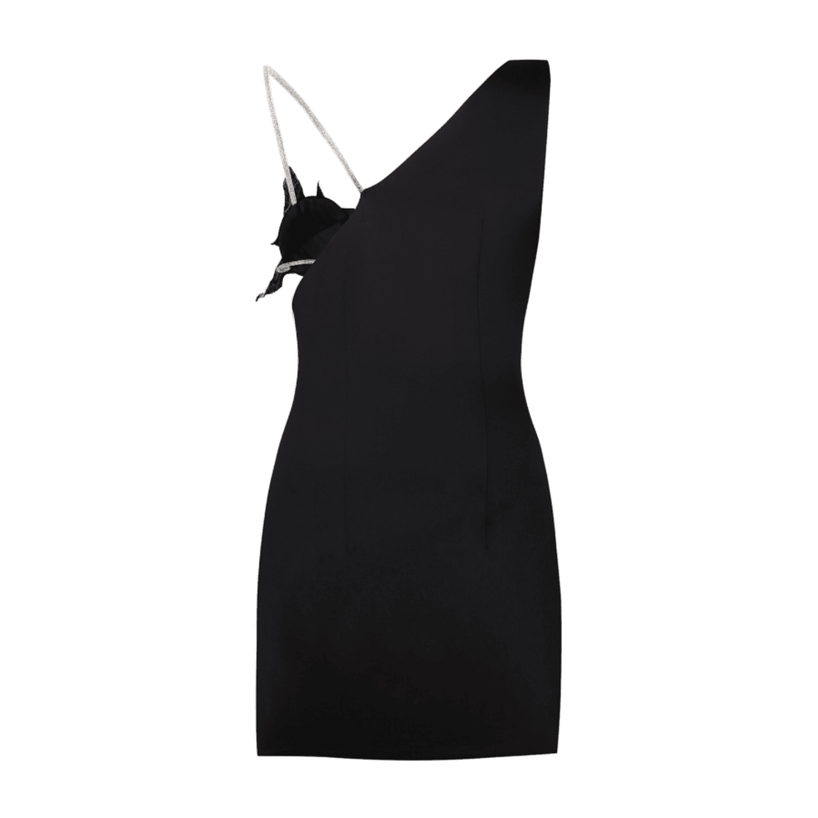 one-shoulder black dress with rhinestone strap, evening wear