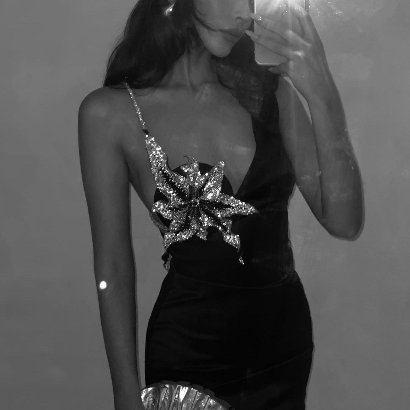 one-shoulder dress with sequin floral design, evening look