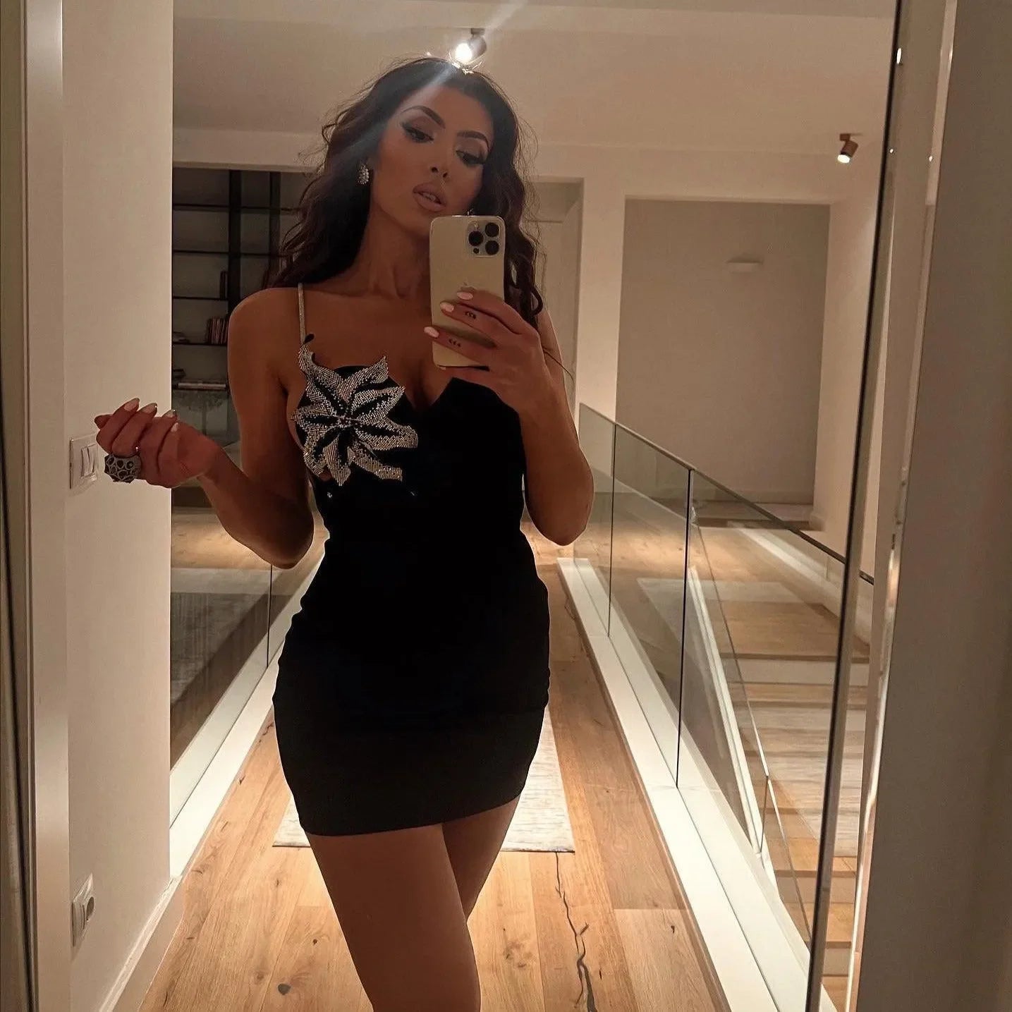 embellished mini dress with floral detail, evening look