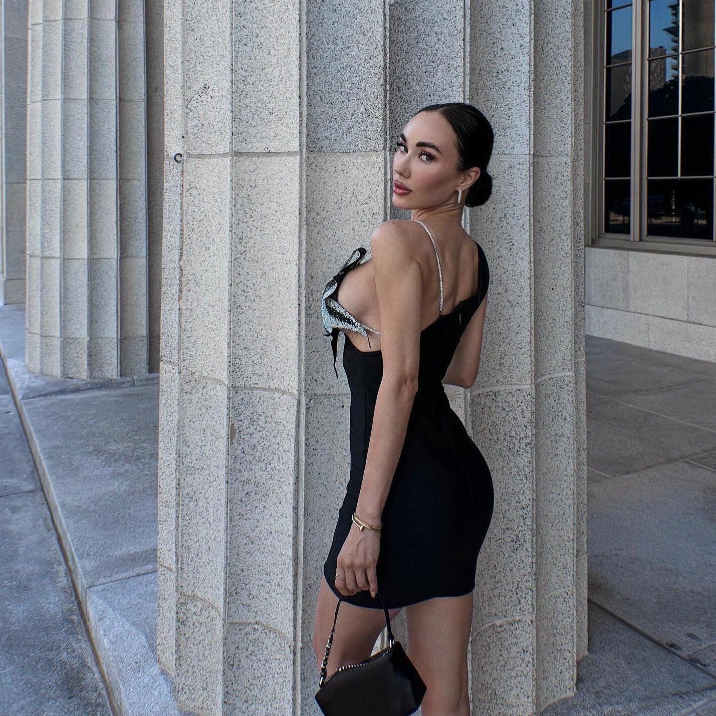 backless mini dress with sequin strap detailing, evening look