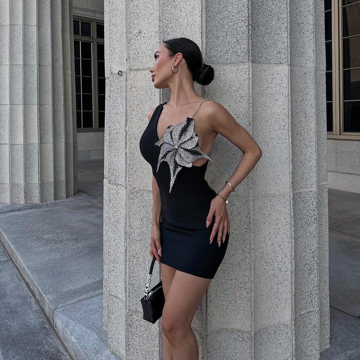 one-shoulder mini dress with rhinestone embellishment, evening look