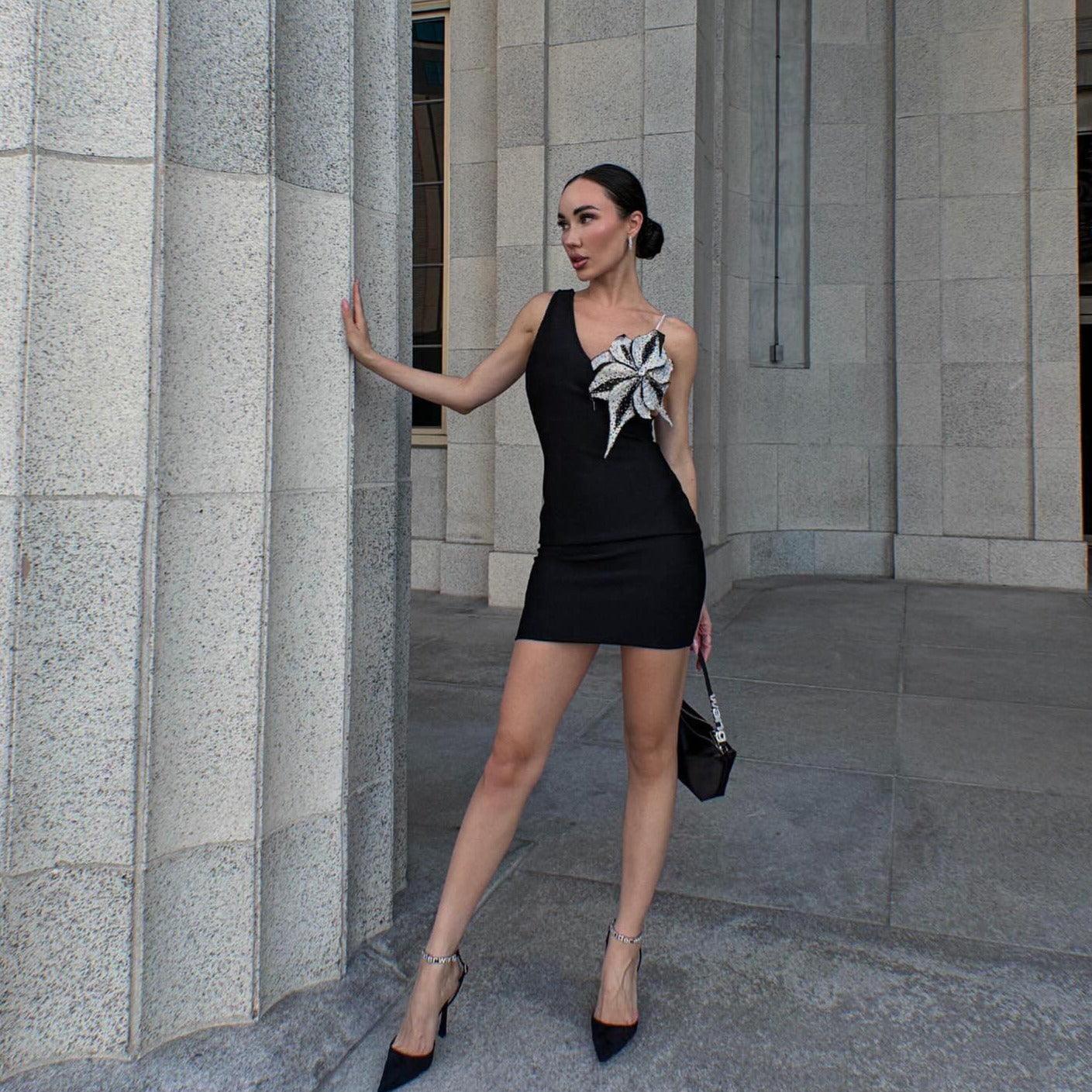 black mini dress with silver embellishment, evening look