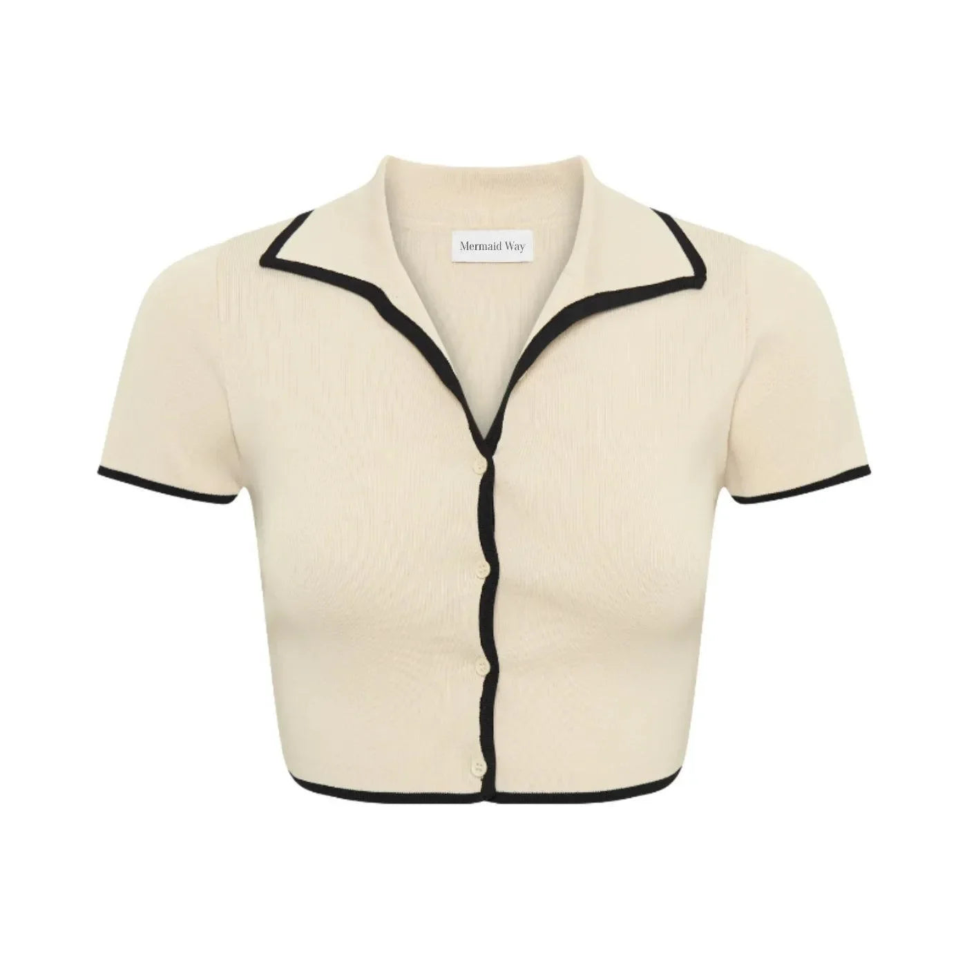 short-sleeve button-up cropped top with contrast trim