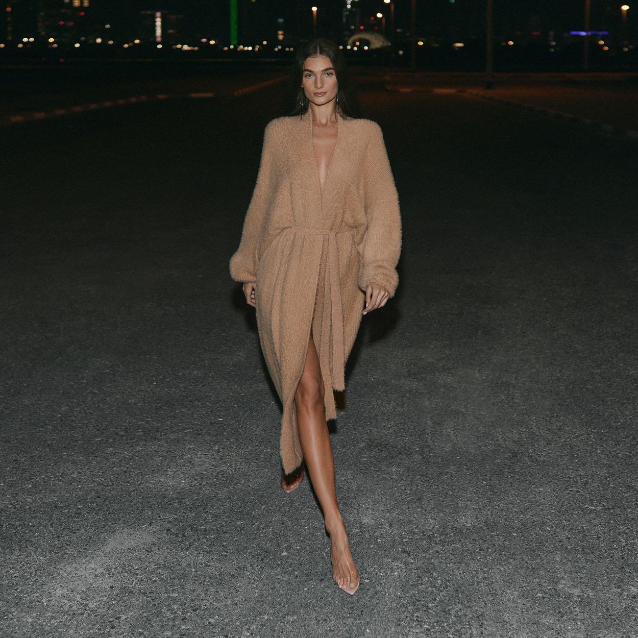 cozy belted long cardigan dress with deep neckline, evening wear